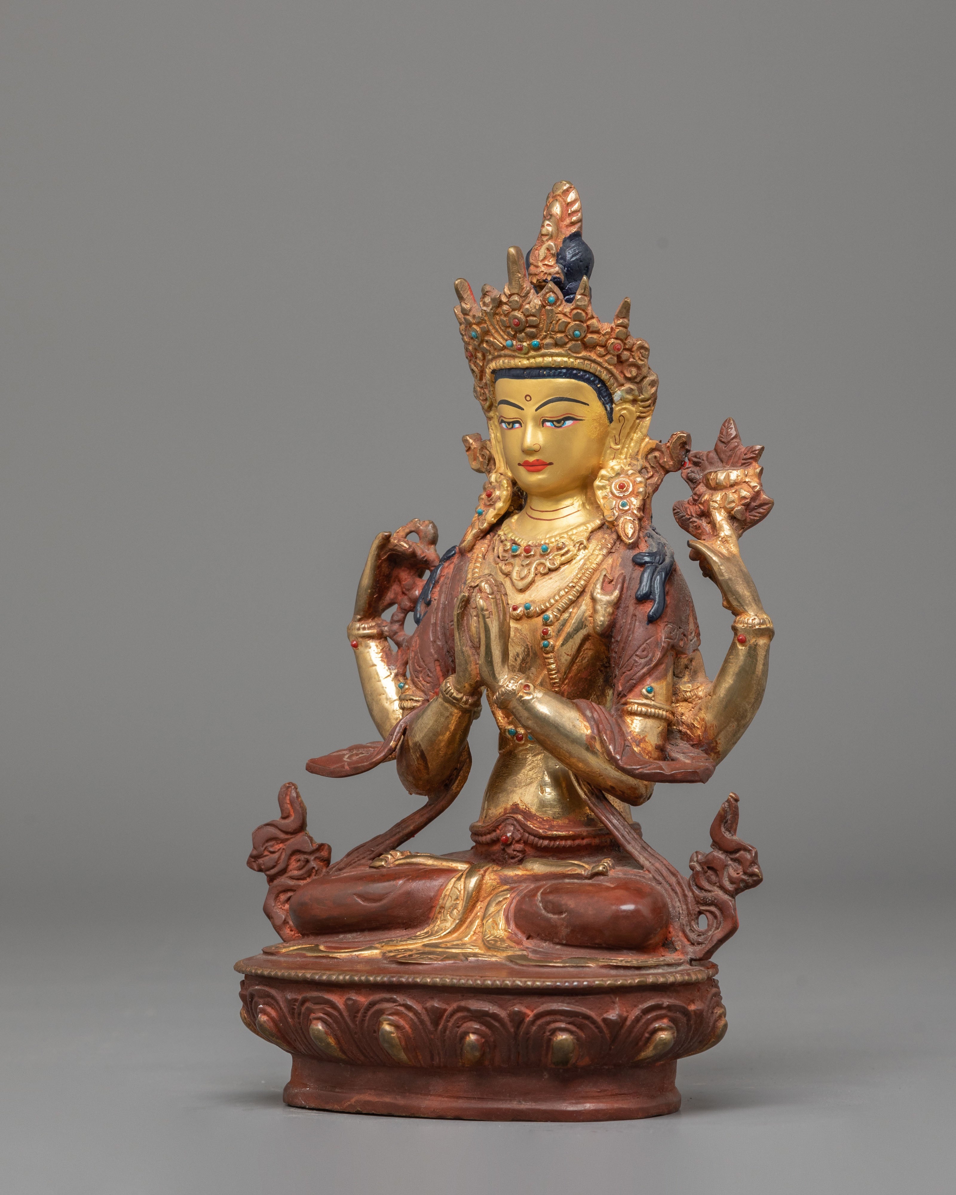 Gold Plated Statue of Bodhisattva Chenrezig | Deity of Compassion