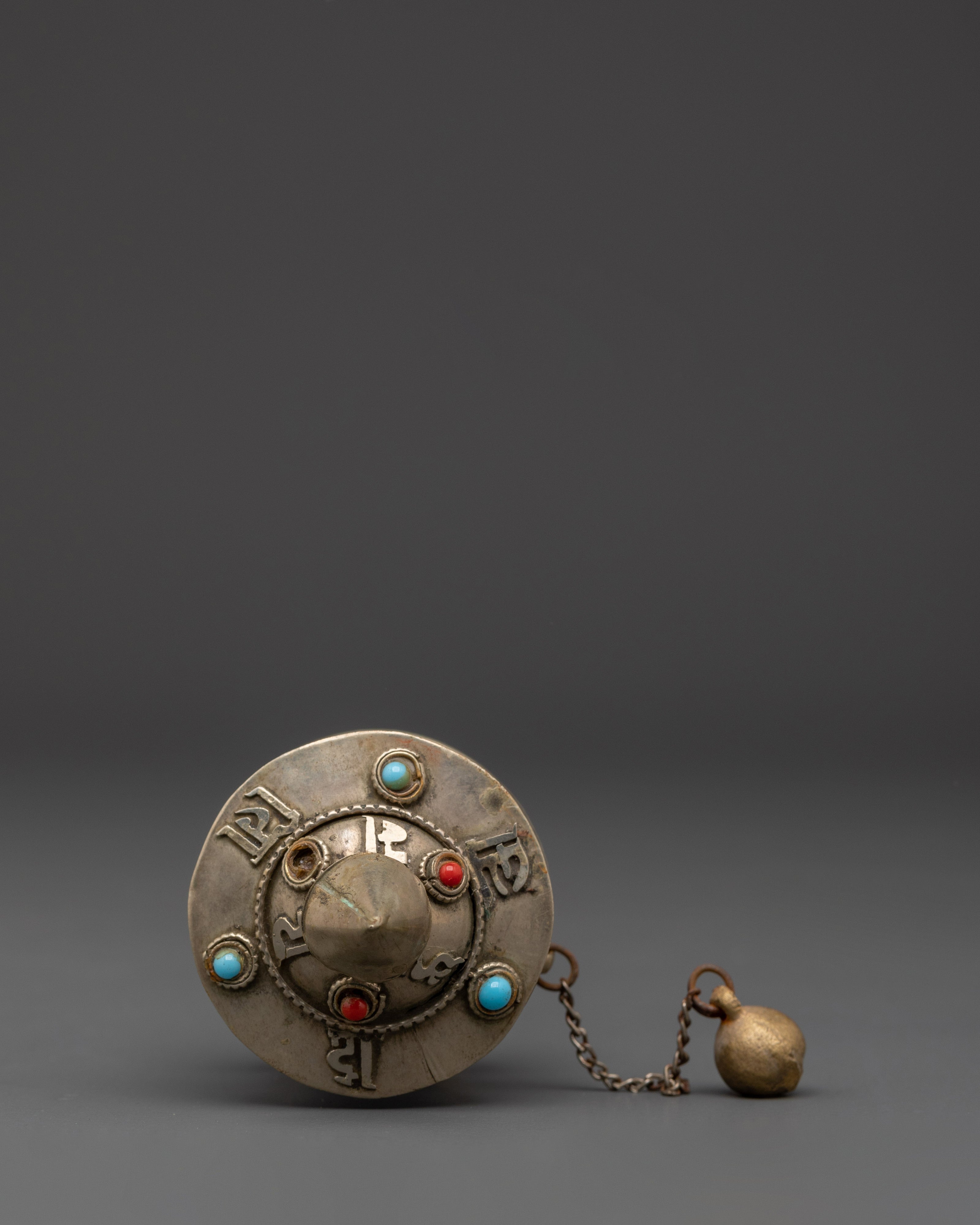 Buddhist Handheld Prayer Wheel | White Metal Prayer Wheel with Turquoise & Coral