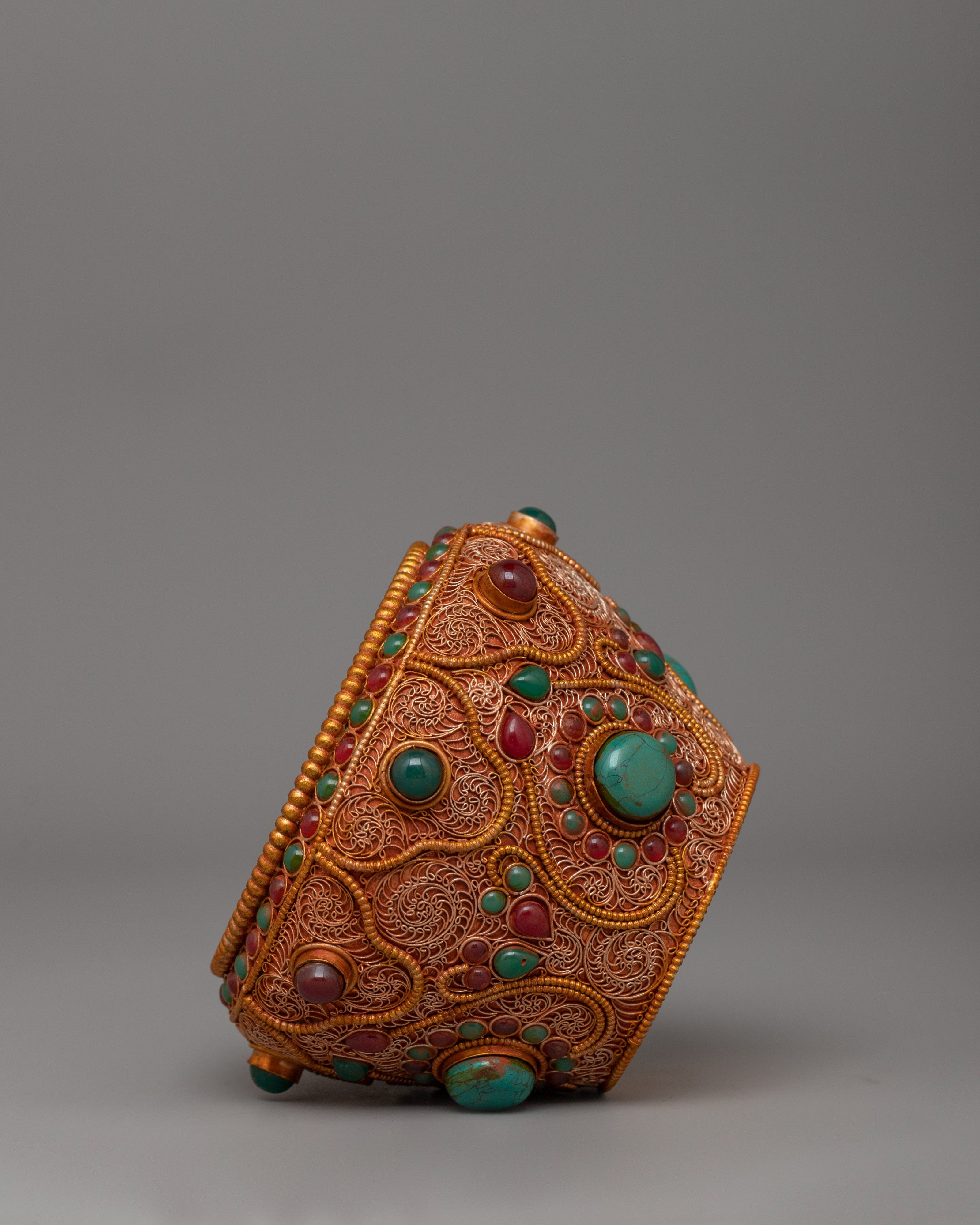 Tibetan Golpa Bowl with Coral | Sacred Buddhist Ritual Decor