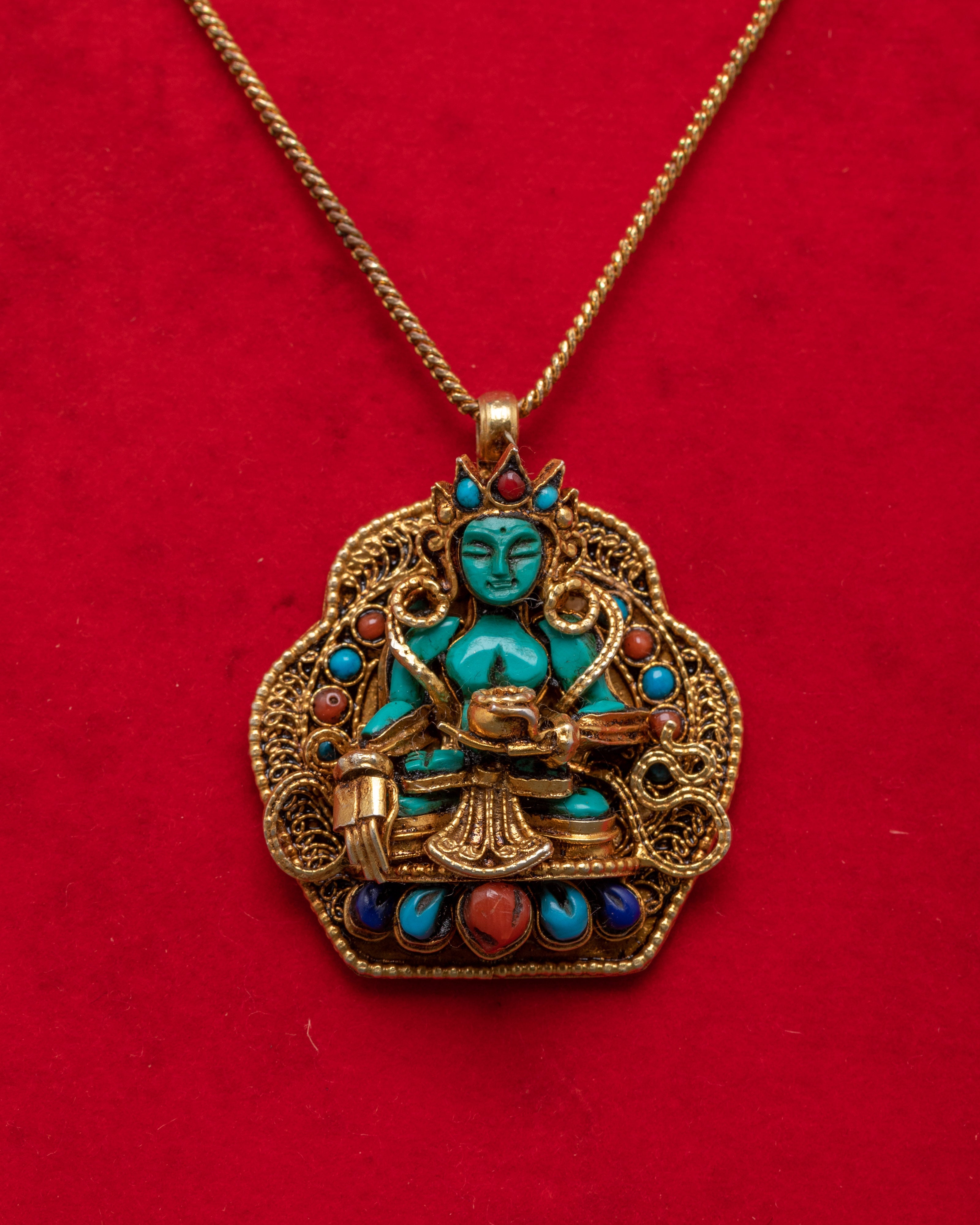 Spiritual Tibetan Turquoise Buddha Locket | Gold Plated Silver with Coral and Lapis Inlay