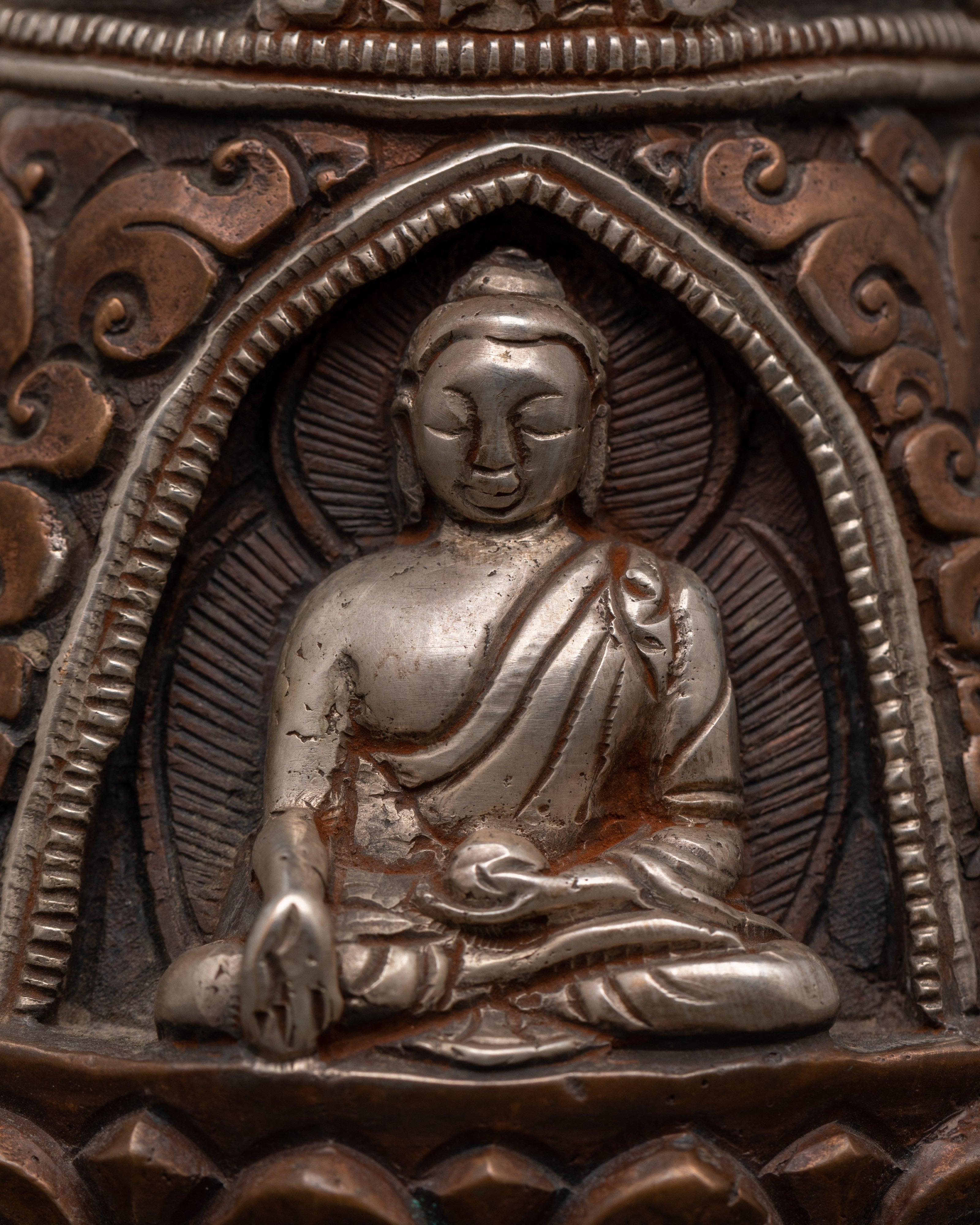 Lotus Moon Disc Engraved Buddha Stupa | Handcrafted Tibetan Stupa