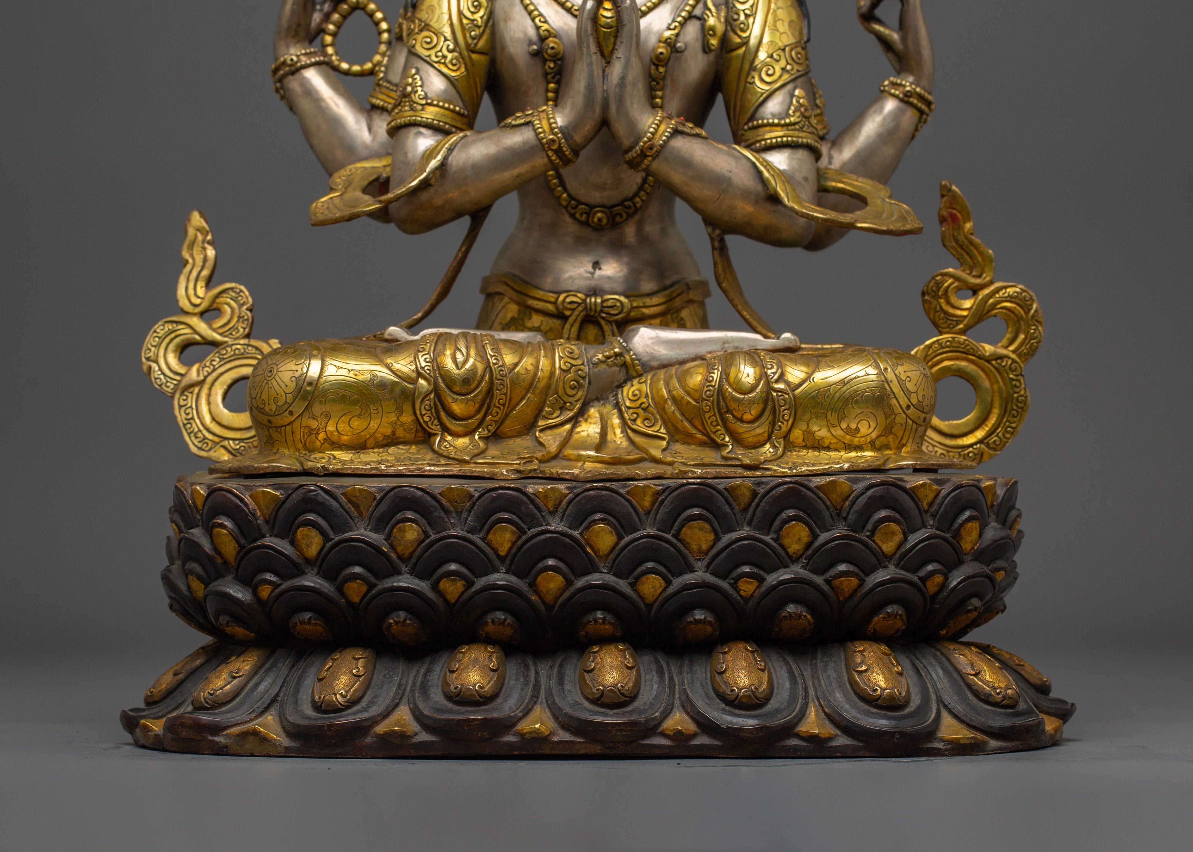 Silver-Plated & Gold-Gilded Copper Chenrezig Statue | The Bodhisattva of Compassion