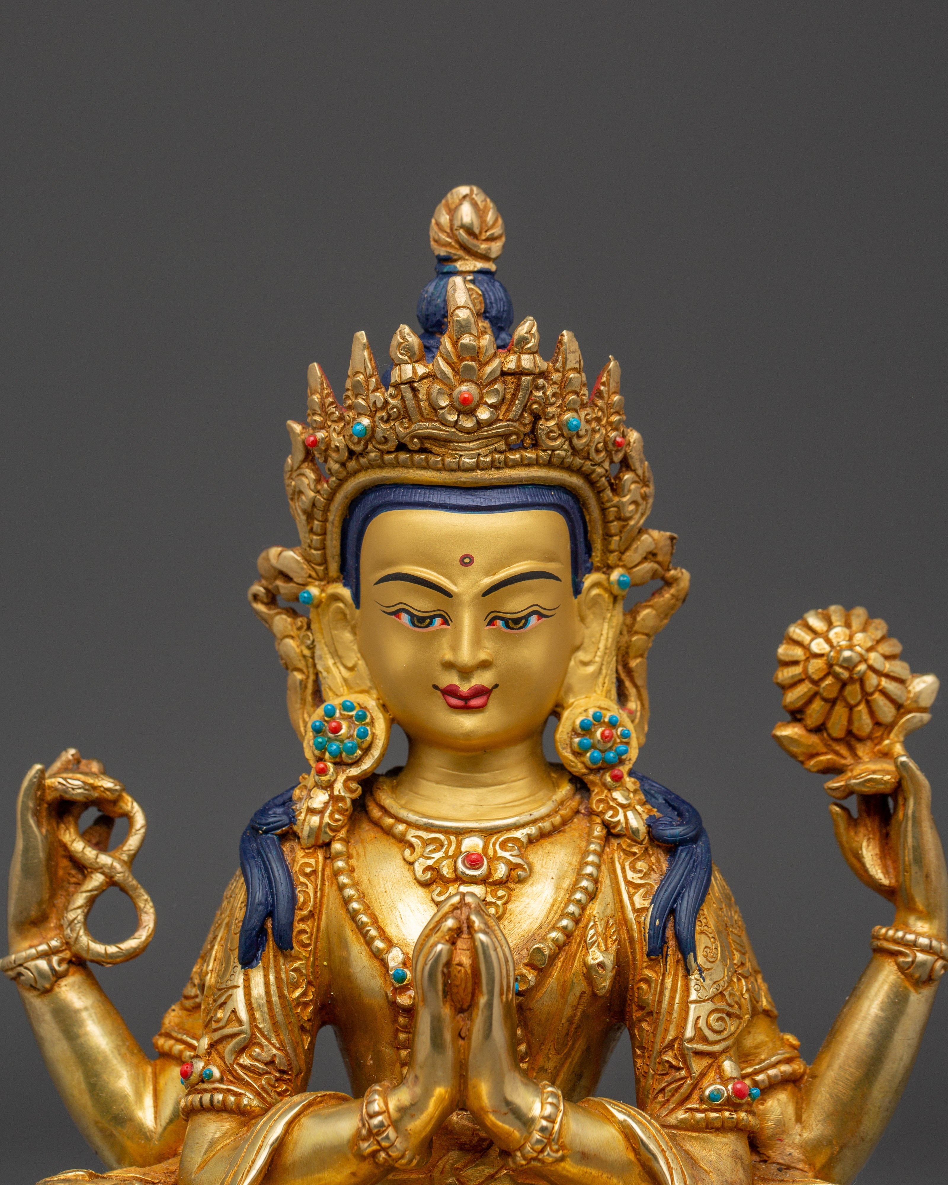 Handcrafted Avalokiteshvara Copper Statue | Deity Chenrezig Art for Meditation