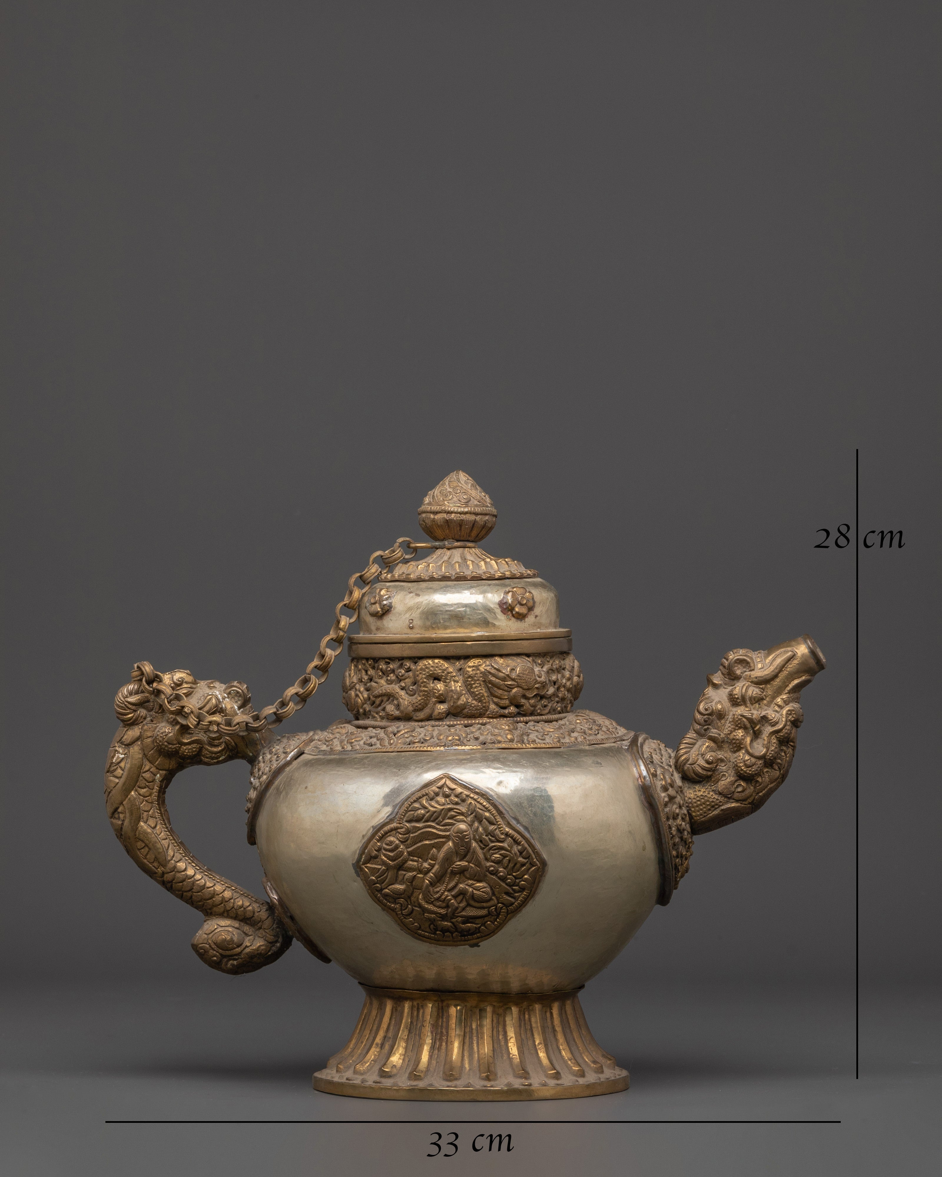 Handcrafted Buddhist Tea Pot | Traditional White Metal Pot with Dragon Handles