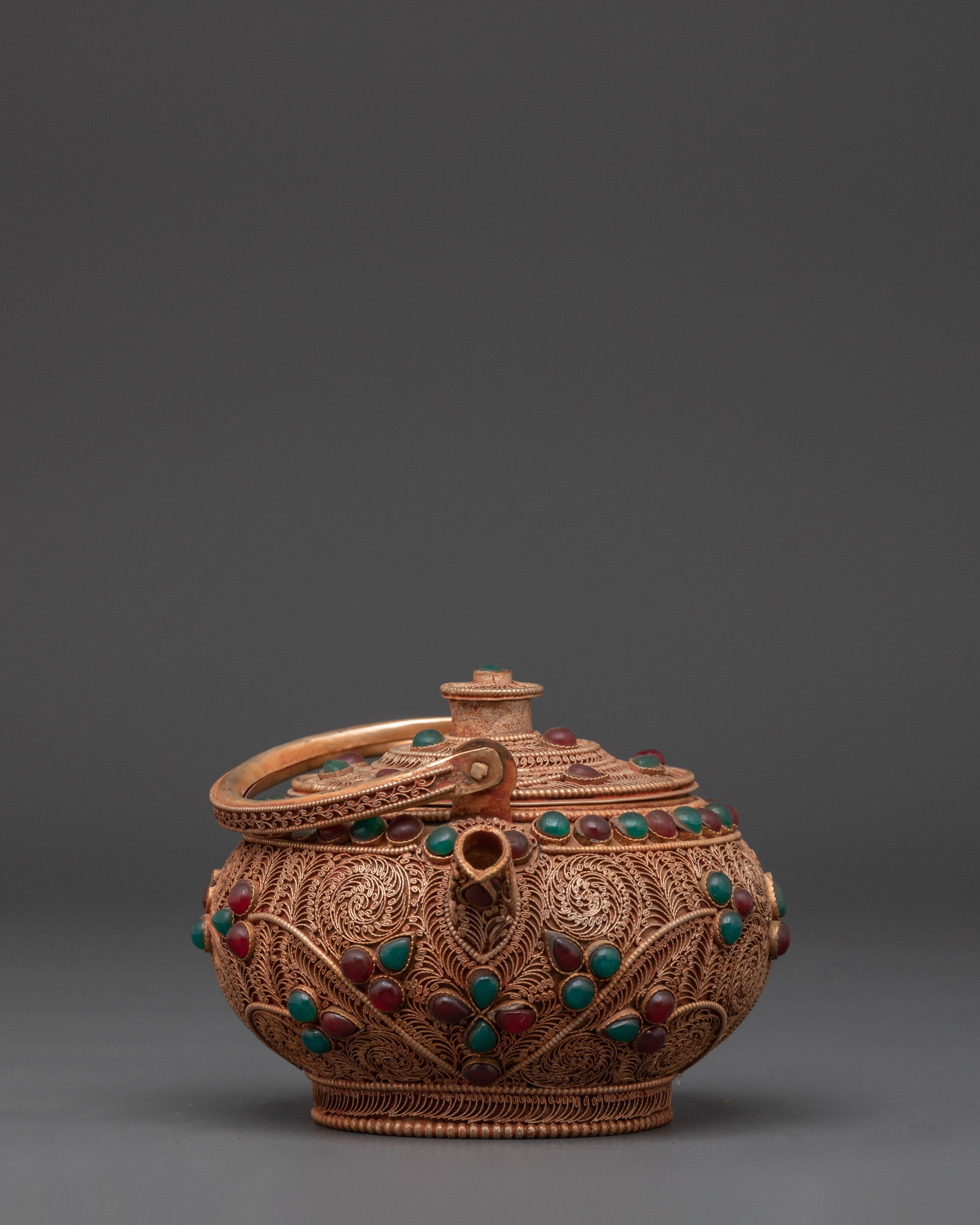 Handcrafted Tibetan Teapot | Traditional Copper & Gemstone Tea Pot