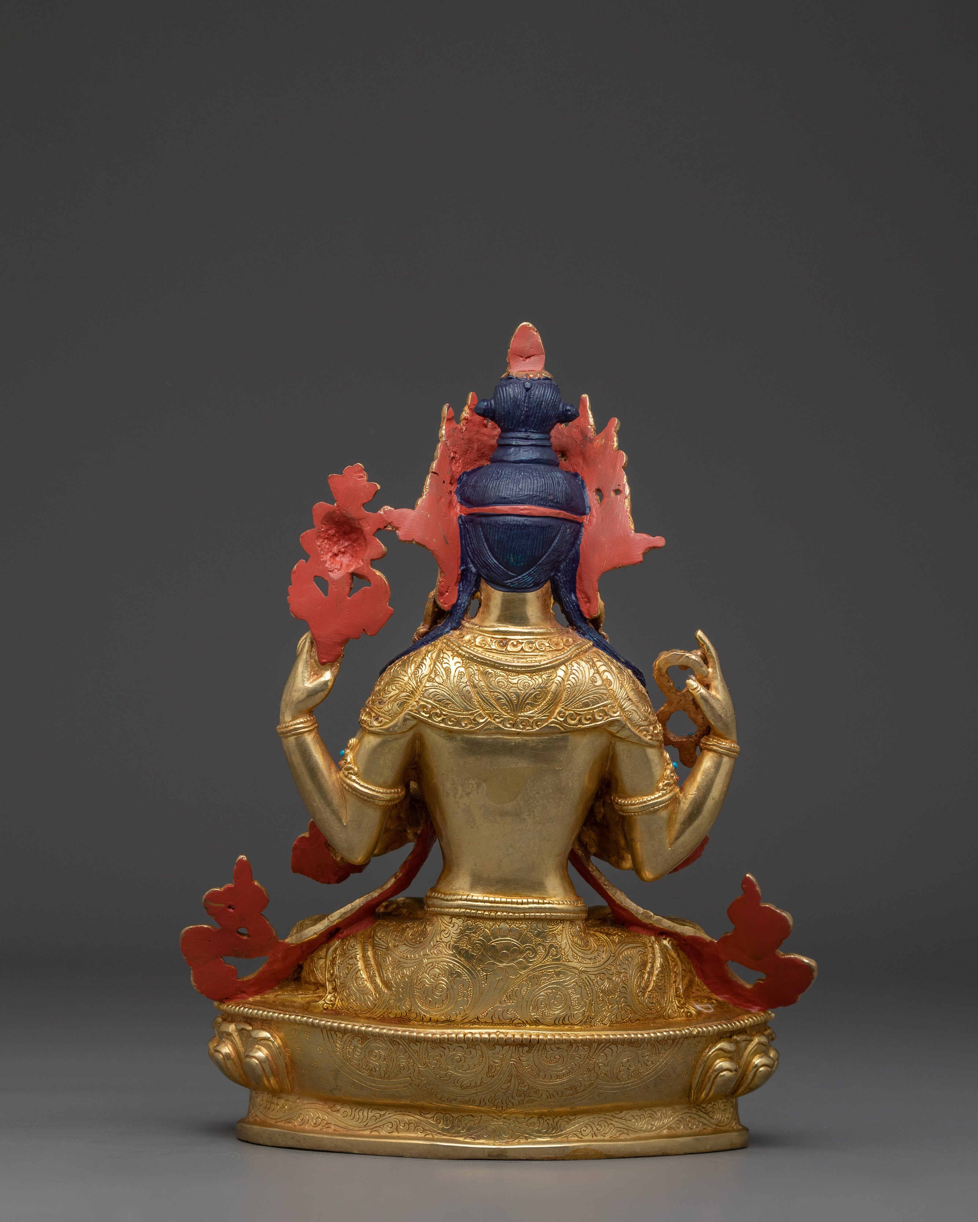 Tibetan Copper Chenrezig with Gemstone Inlay | Avalokiteshvara Sculpture for Meditation