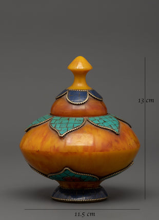 Amber Rice Pot Buddhist Altar Decor | Turquoise & Lapis Inlaid Ritual Rice Pot