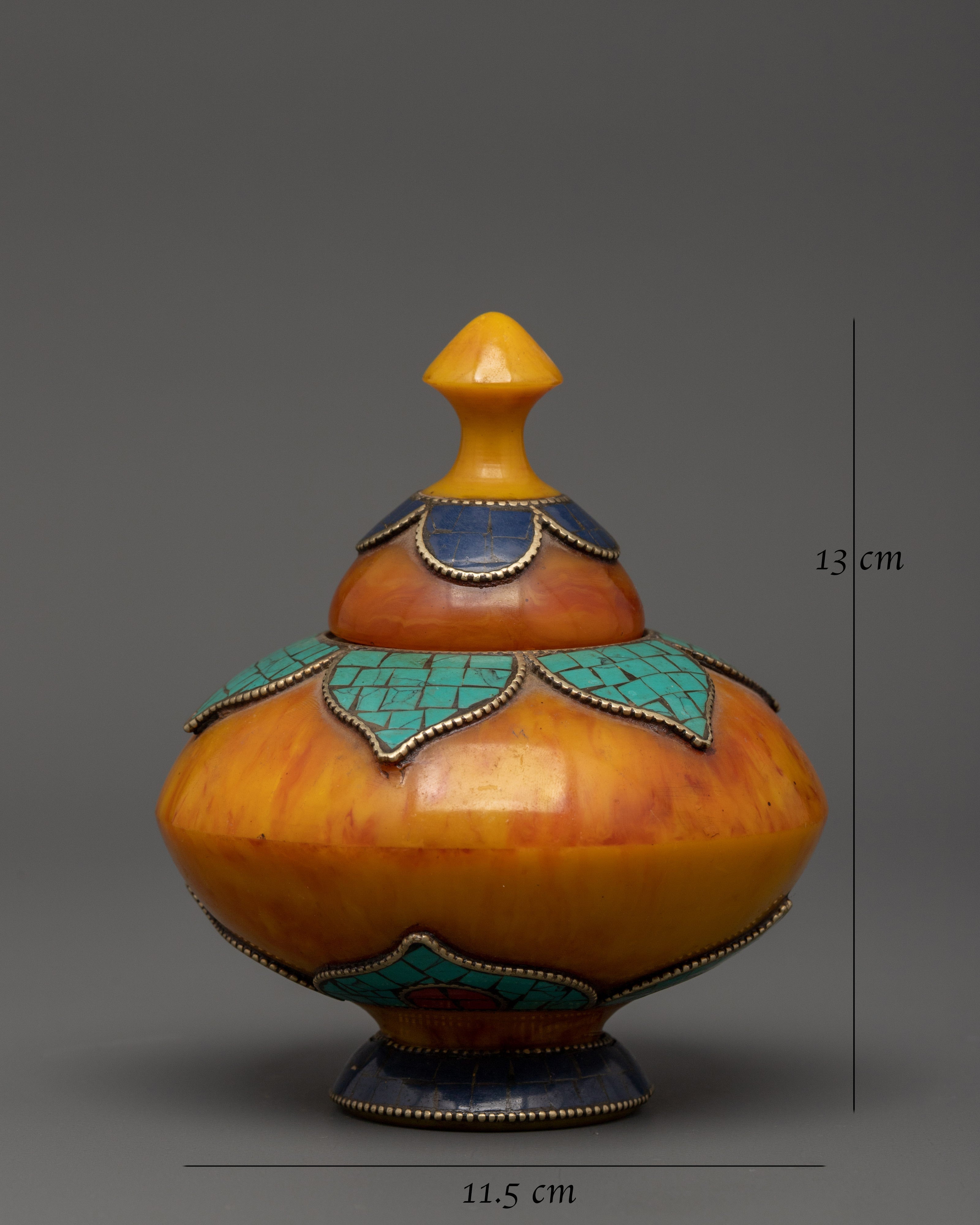 Amber Rice Pot Buddhist Altar Decor | Turquoise & Lapis Inlaid Ritual Rice Pot