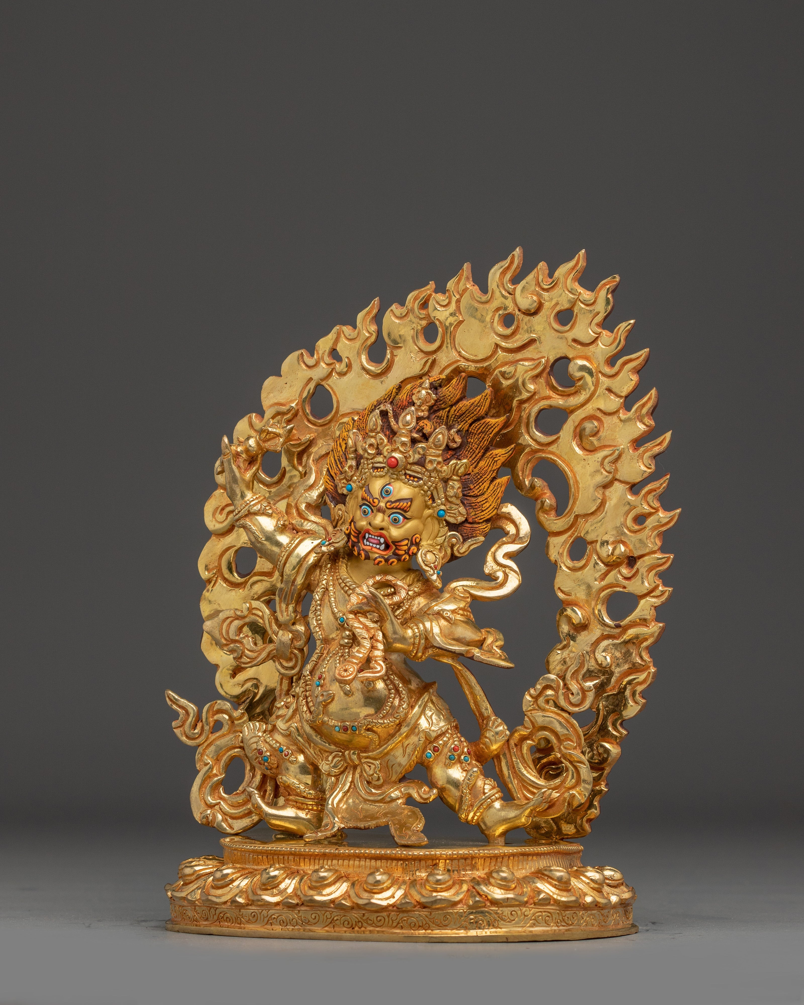 Vajrapani Deity Sculpture with Gemstone Detailing | Gold Gilded Copper Protector Statue