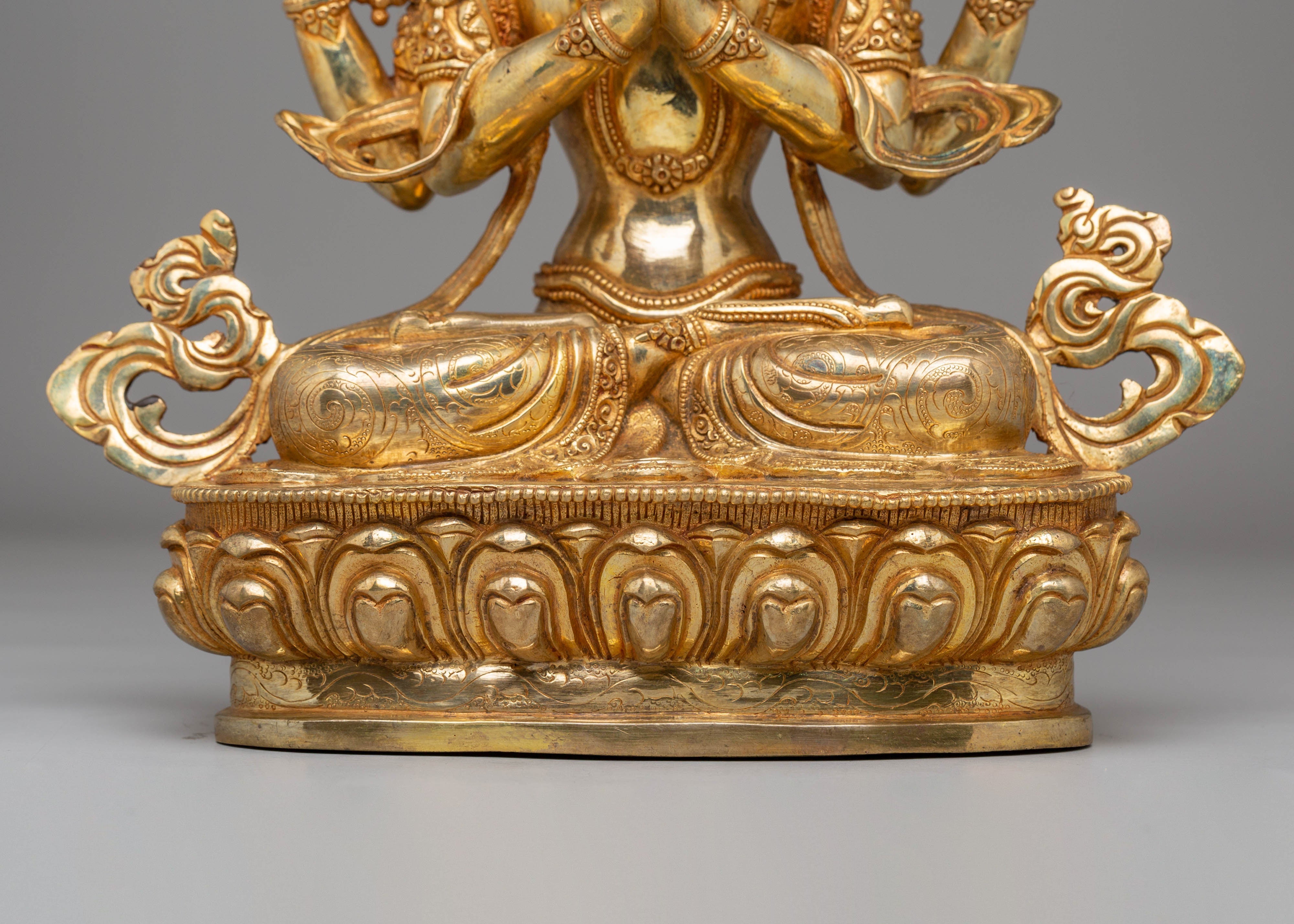 Handcrafted Copper Statue of Chenrezig with 24K Gold Gilding