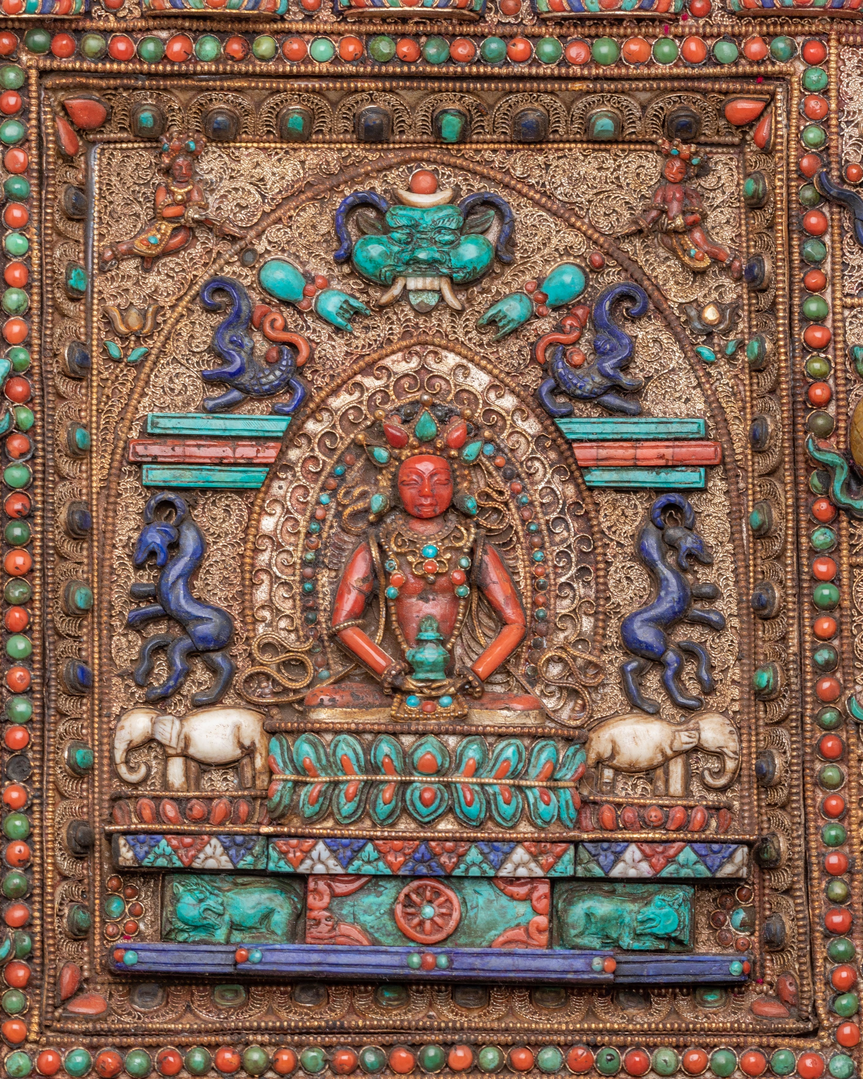Buddhist Long Life Buddha Metal Thangka | Exclusive Silver and Gemstone Metal Thangka