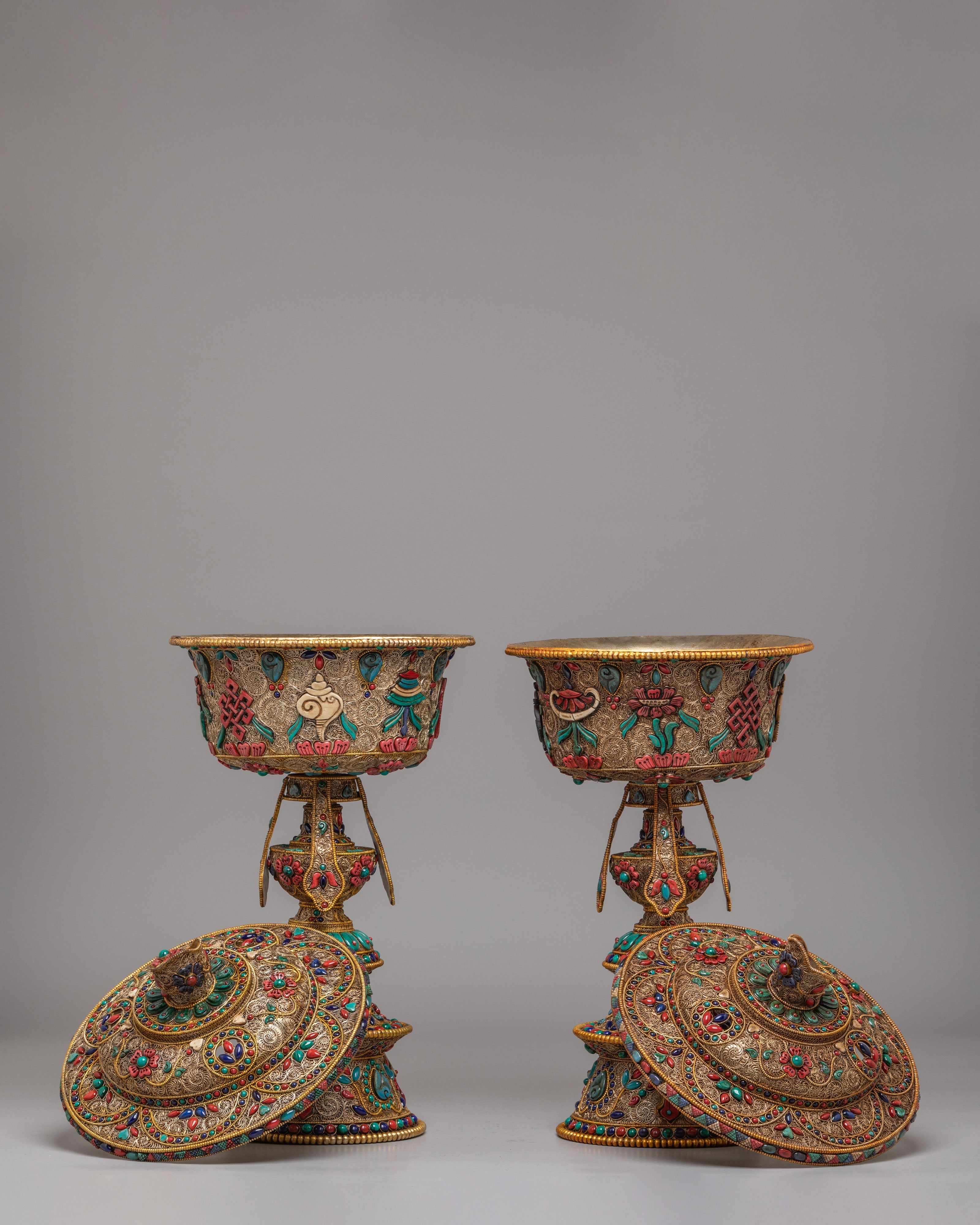 Buddhist Altar Butter Lamp Set | Gemstone Inlaid Copper Offering Lamps