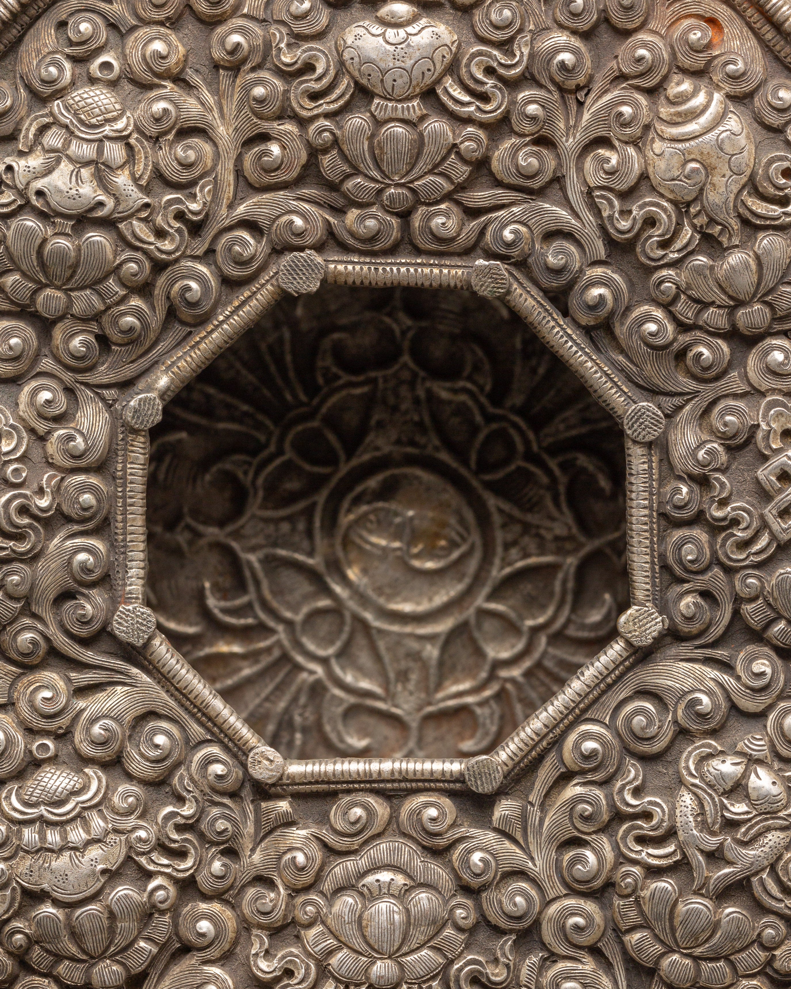 Handmade Tibetan Silver Plated Ghau Box | Copper Body with Unique Motifs