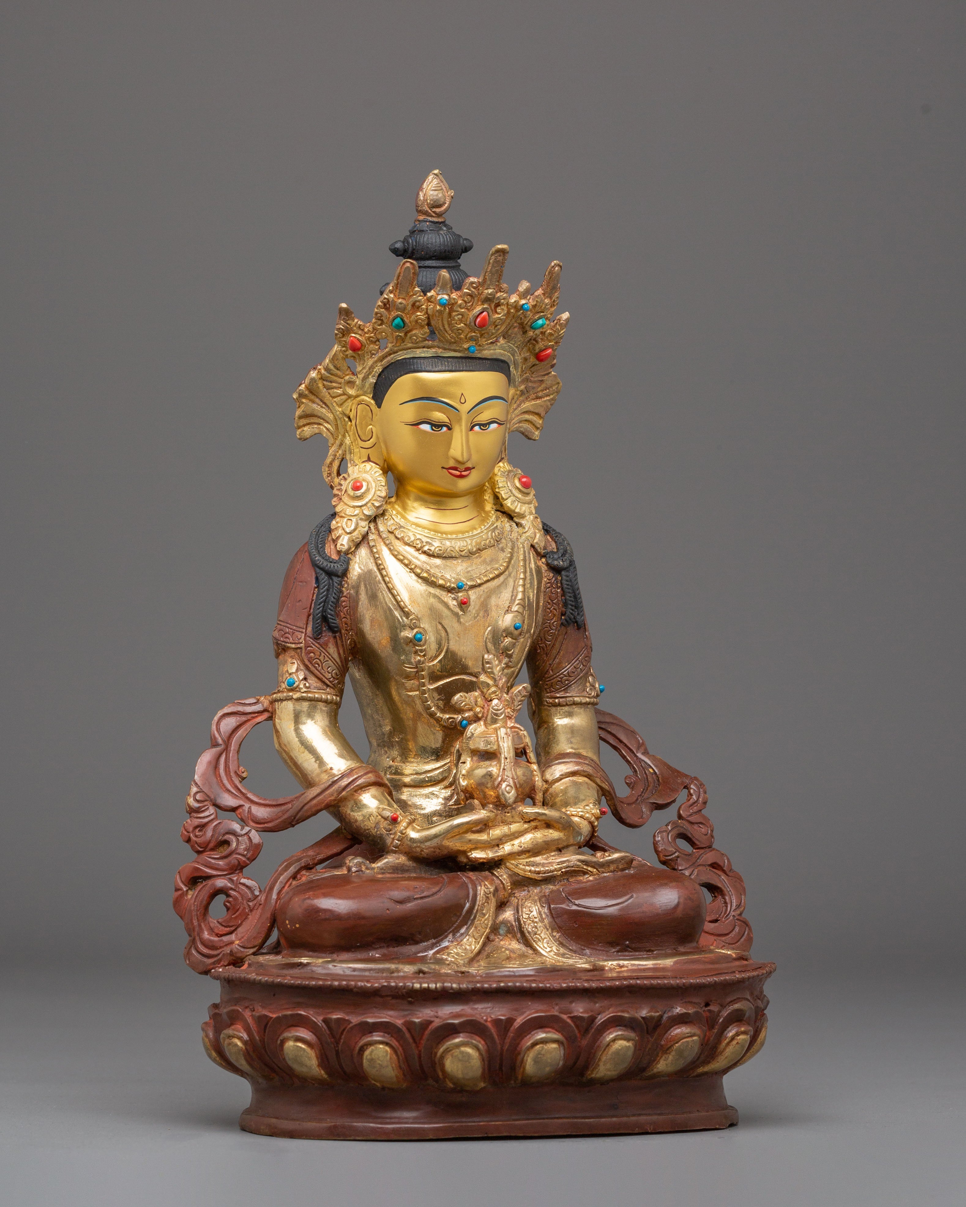Sacred Long Life Amitayus Buddha Statue | Golden Copper Buddha Sculpture