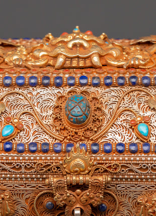 Tibetan Decorative Treasure Box | Buddhist Treasure Box with Turquoise & Coral Inlays