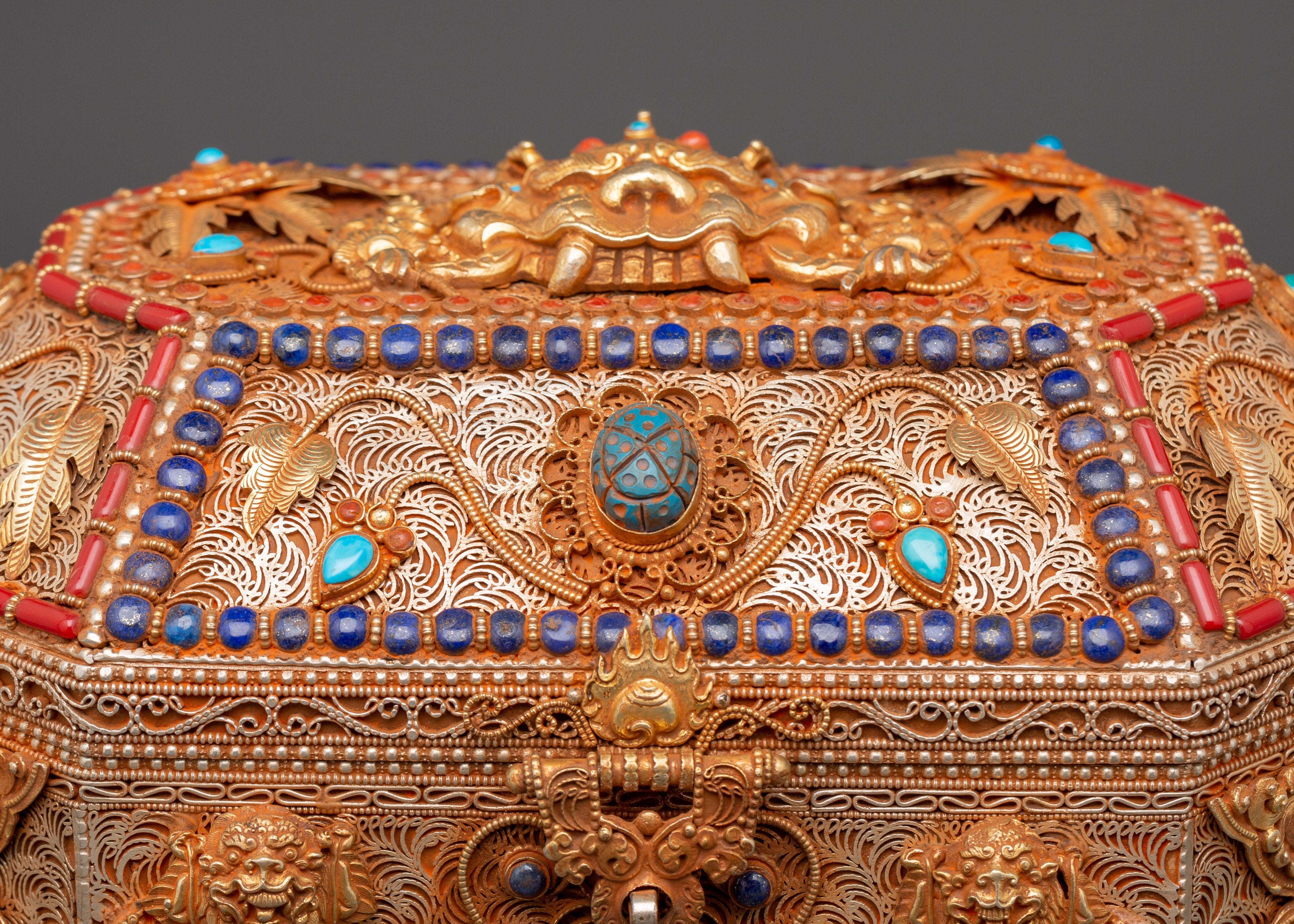 Tibetan Decorative Treasure Box | Buddhist Treasure Box with Turquoise & Coral Inlays