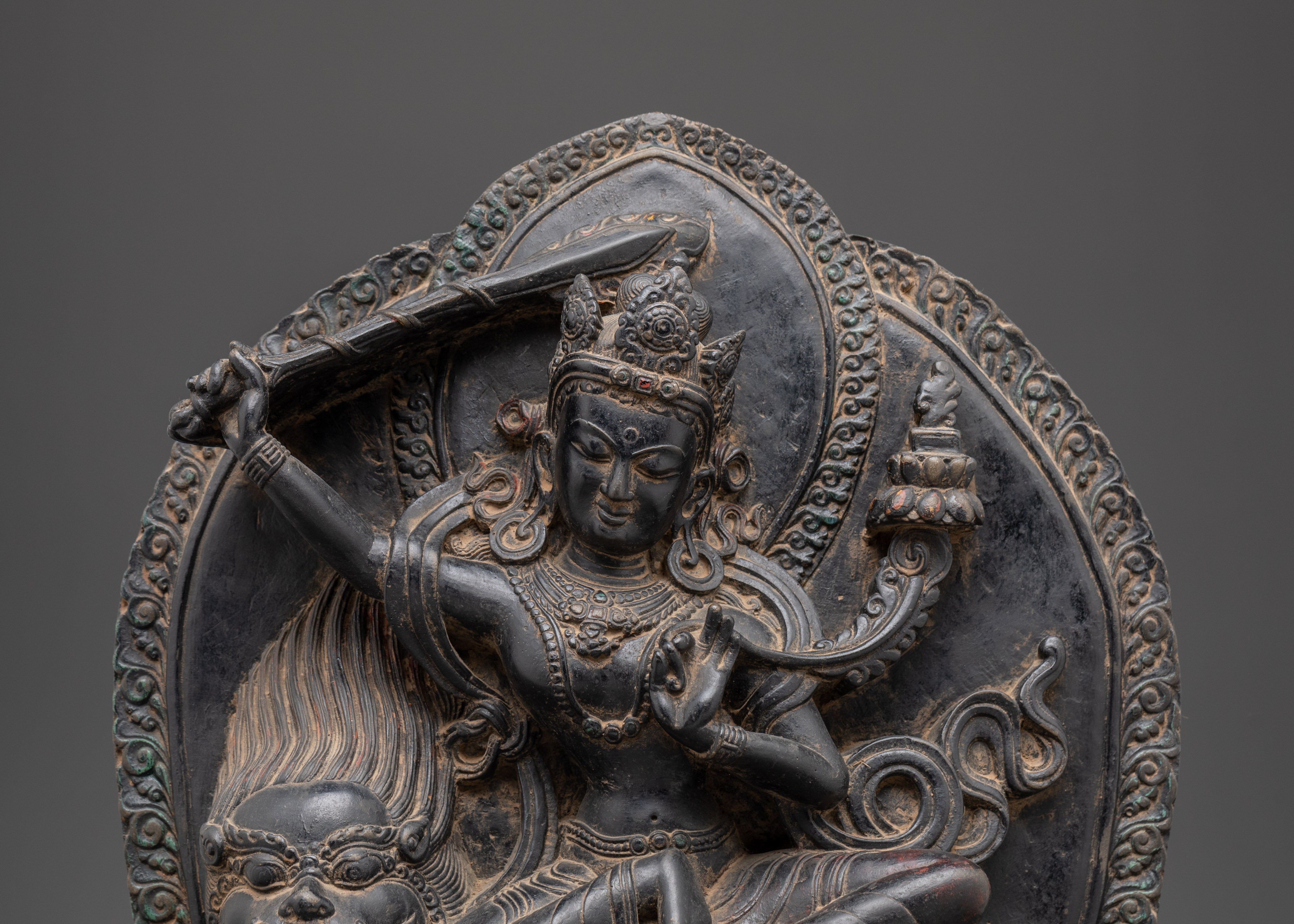 Handmade Statue of Simhanada Manjushri | Fierce Wisdom Deity Powder Stone Sculpture