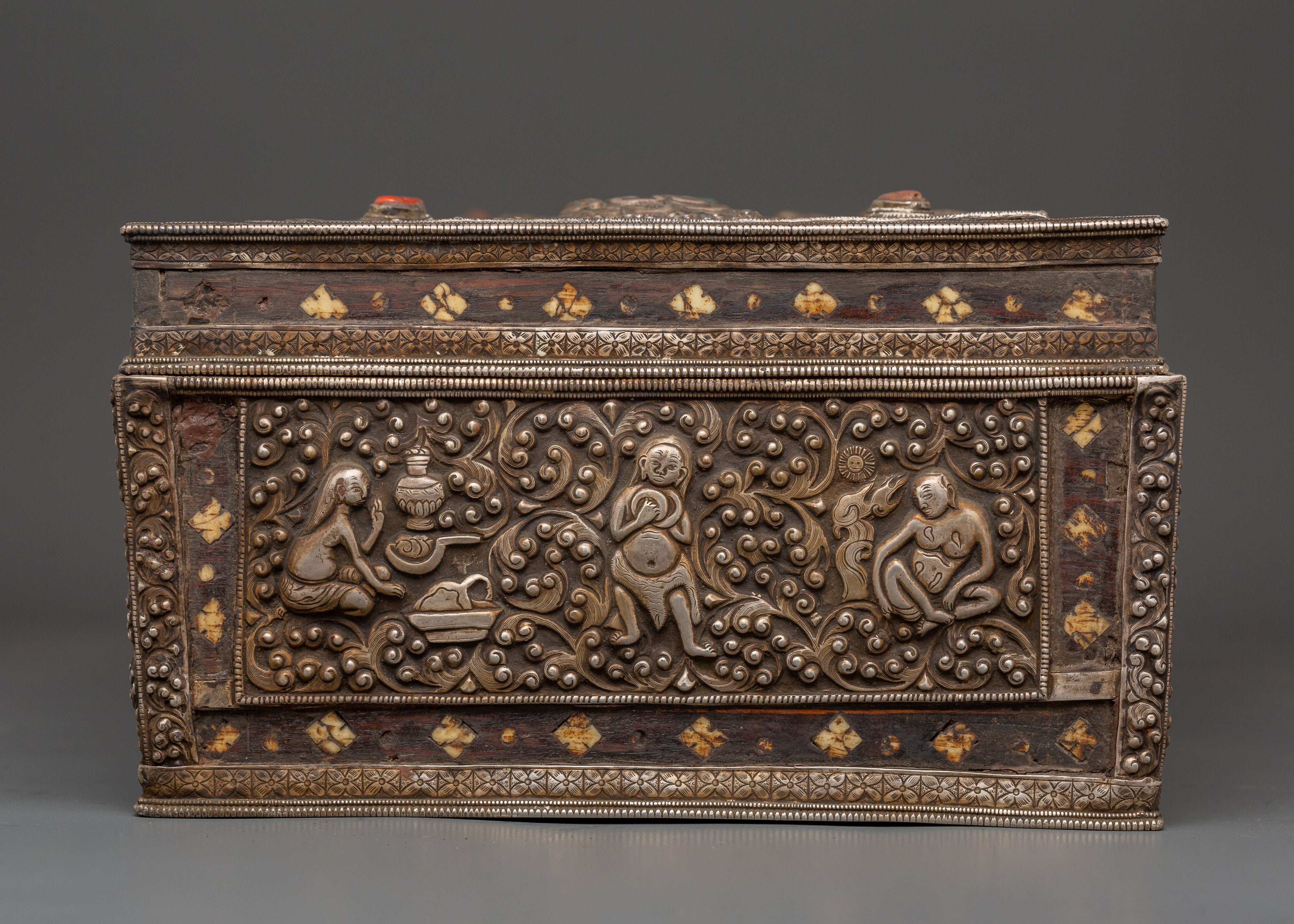 Pure Silver Treasure Box with Coral & Turquoise | Decorative Storage Box