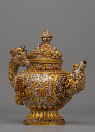 Handcrafted Tibetan Tea Pot with Gold & Silver Plating | Traditional Buddhist Decor
