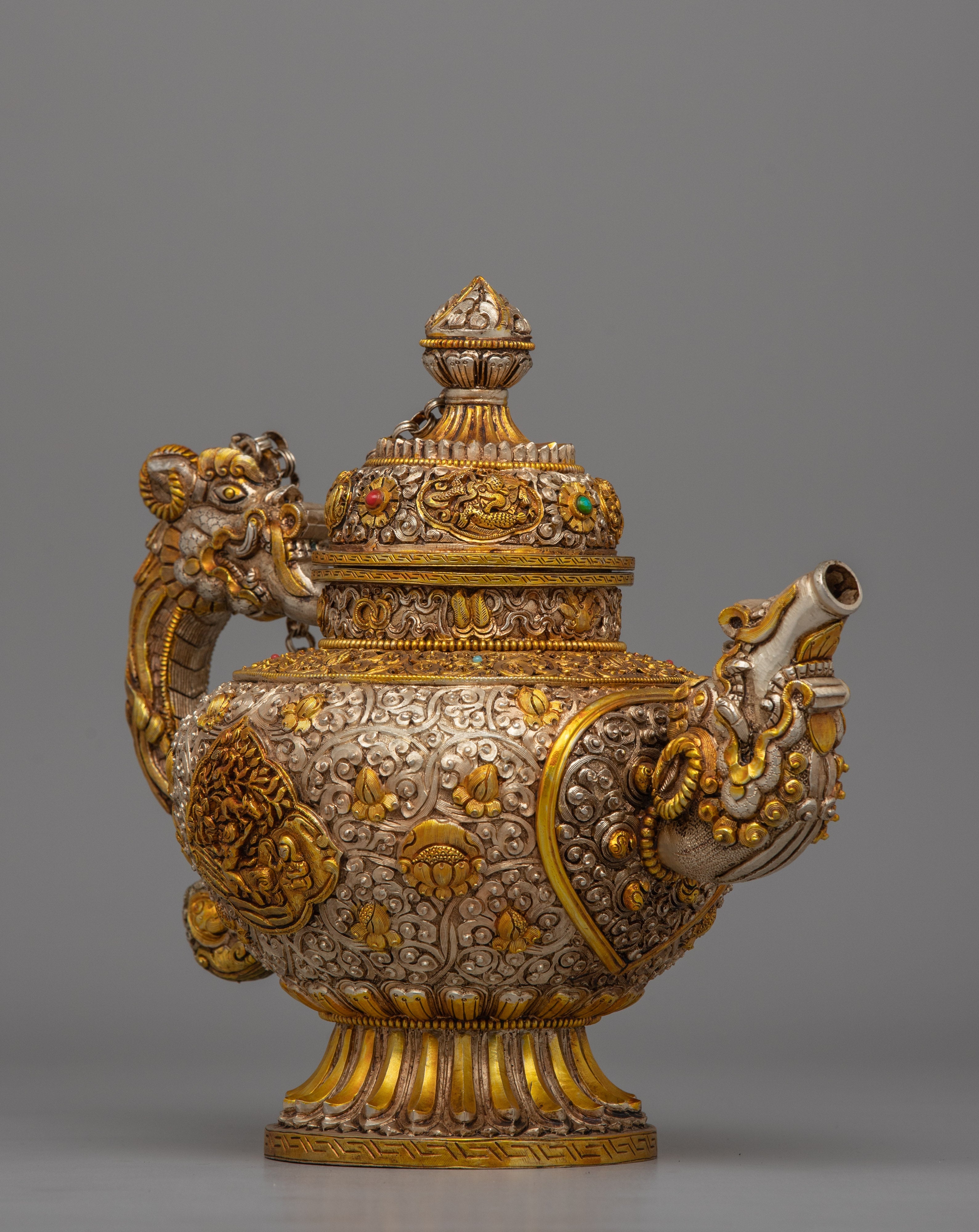 Handcrafted Tibetan Tea Pot with Gold & Silver Plating | Traditional Buddhist Decor
