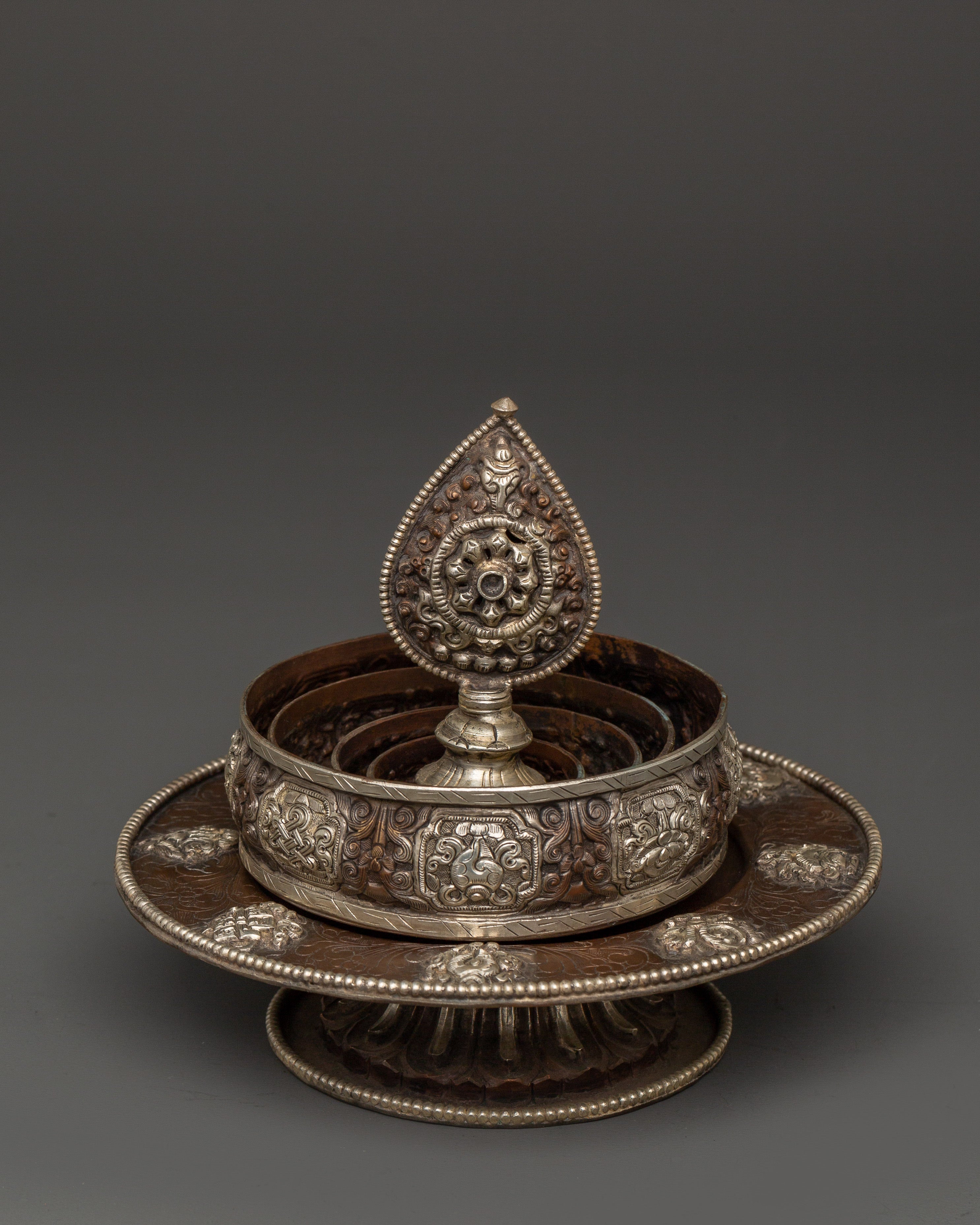 Auspicious Symbol Engraved Mandala | Tibetan Ritual Offering Set