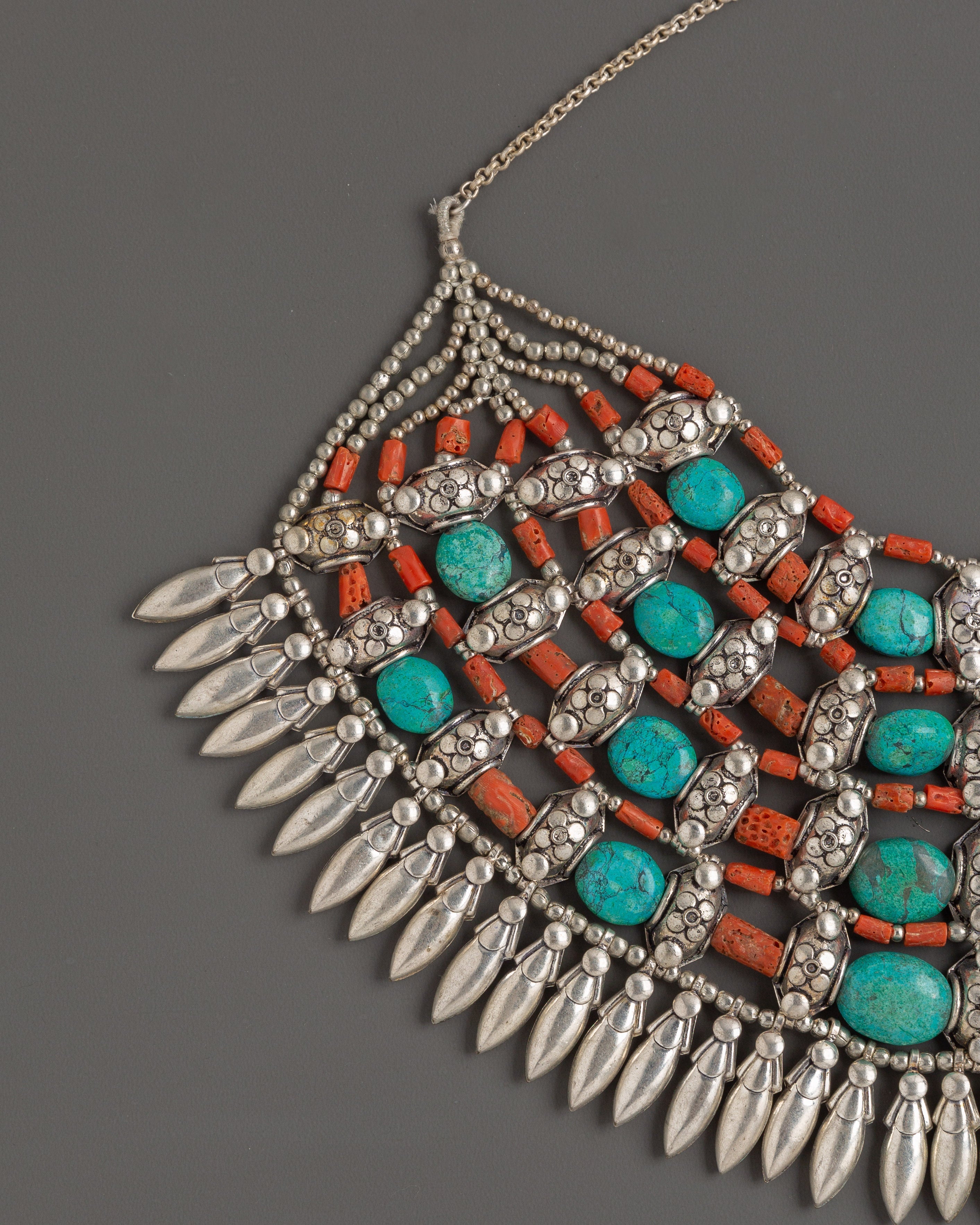 Chunky Tibetan Necklace with Coral and Turquoise | Statement Jewelry