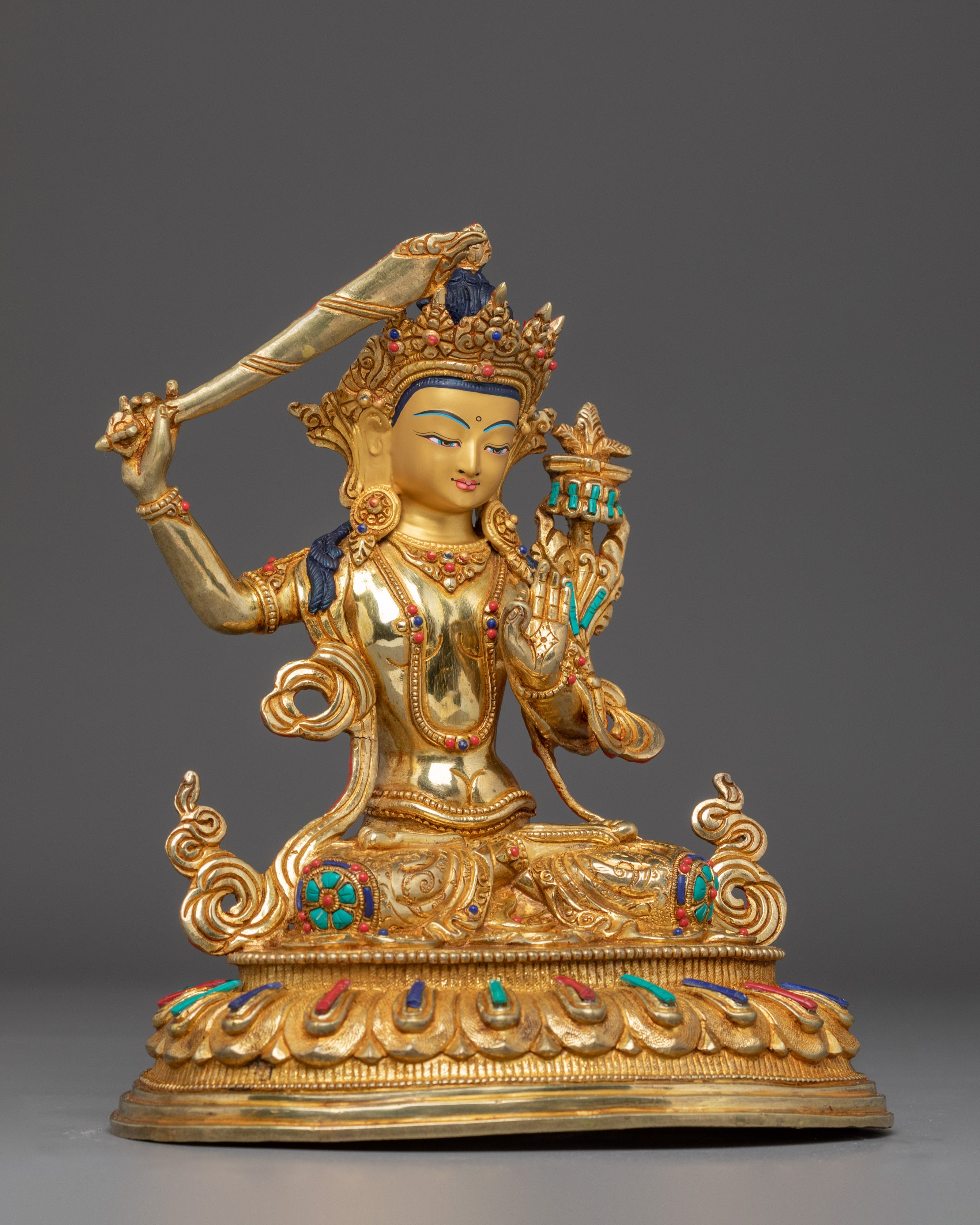 Handmade Manjushri Buddhist Sculpture | Gold Plated Manjushri Statue | Copper & Brass