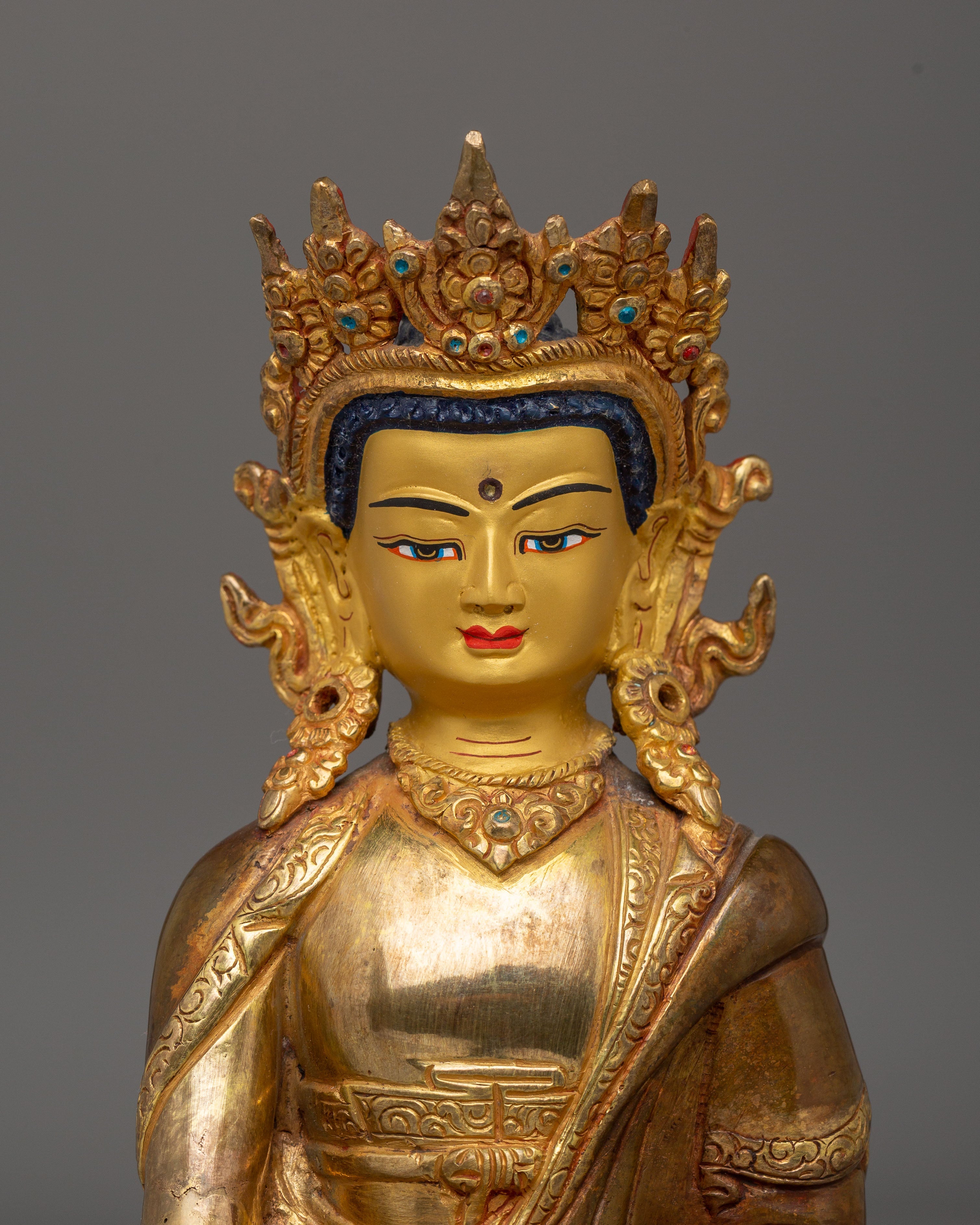 Crowned Shakyamuni Buddha Statue | Handcrafted Gold-Plated Tibetan Buddha