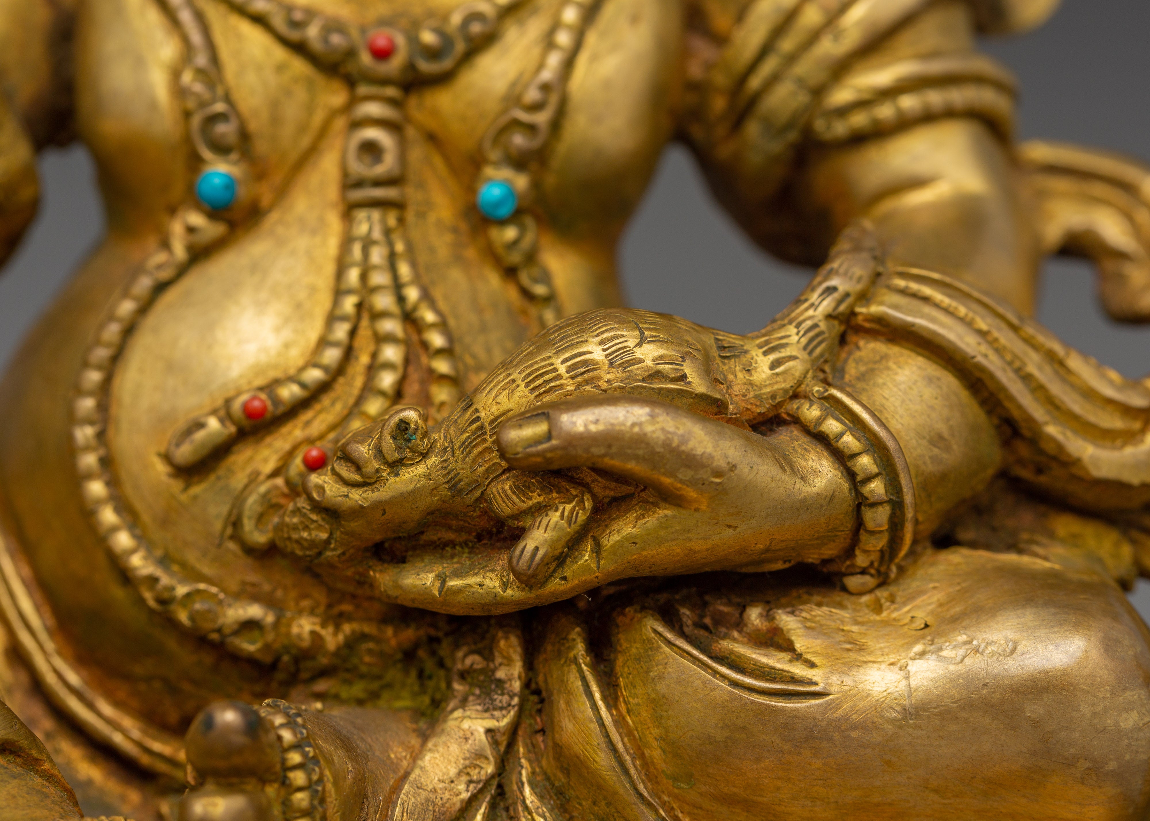 Wealth Icon Dzambhala Handmade Statue | Copper Body, Gold Gilded, Acrylic Color