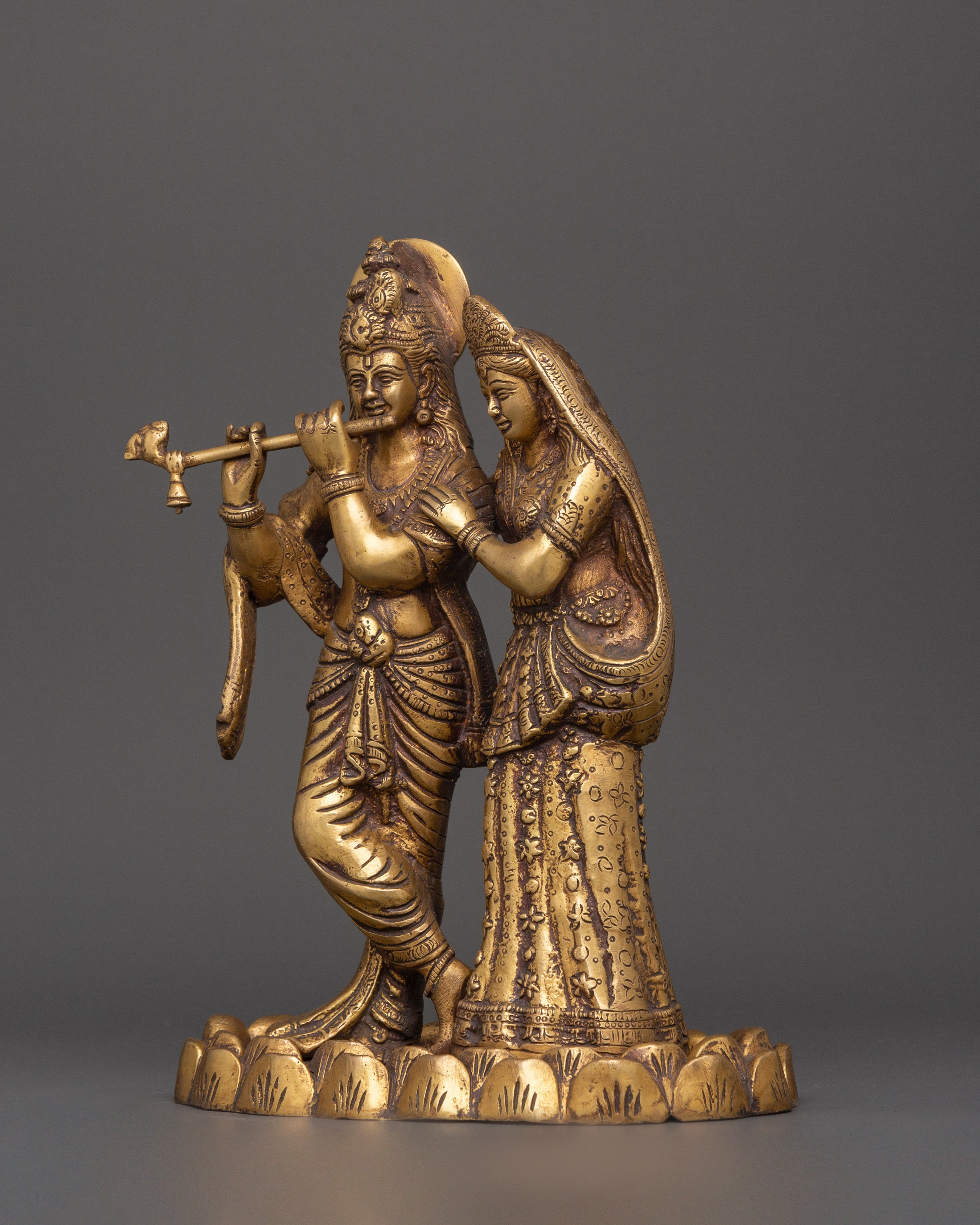 Brass Radha Krishna Statue | Hindu Deity Sculpture for Home Temple & Sacred Decor