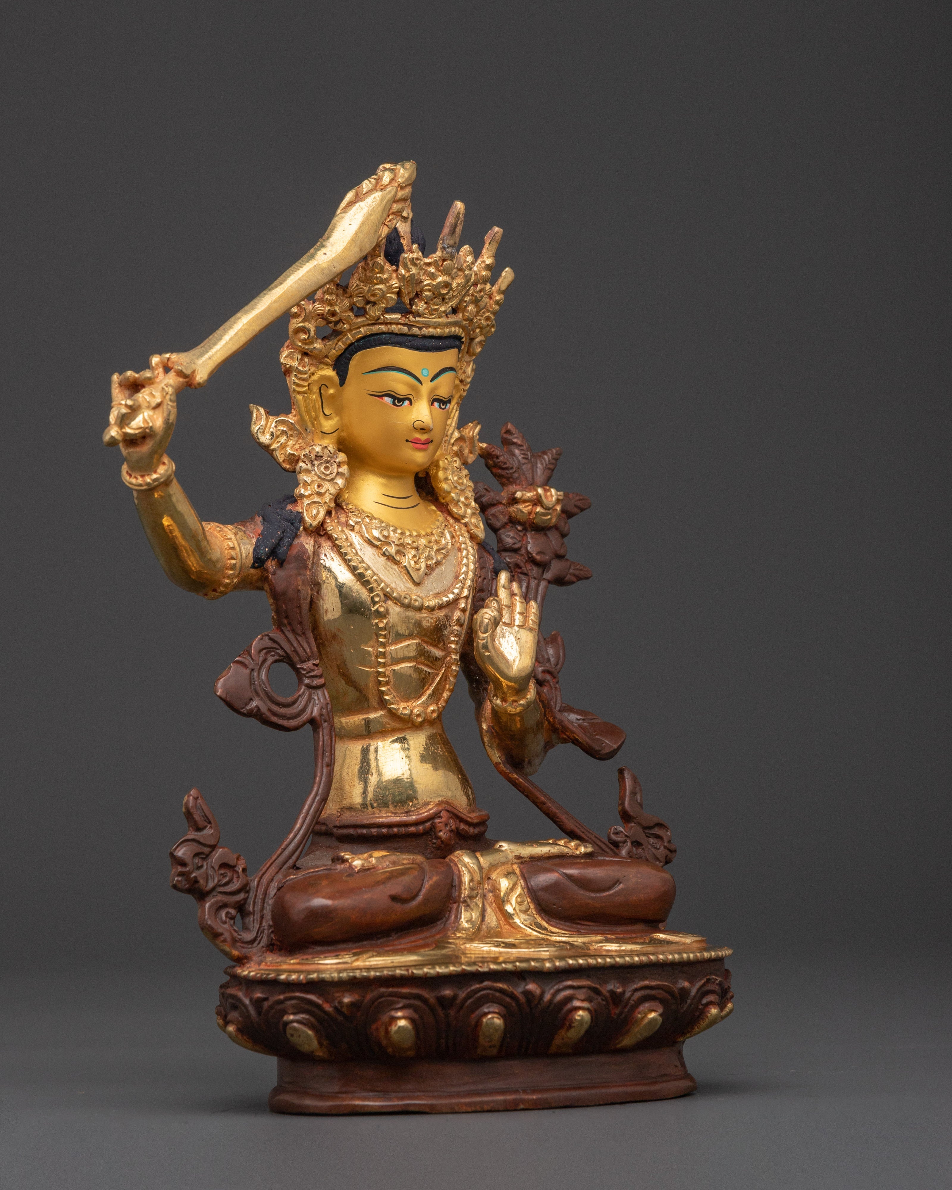 Gold Plated Manjushri Statue | Buddhist Wisdom Figurine