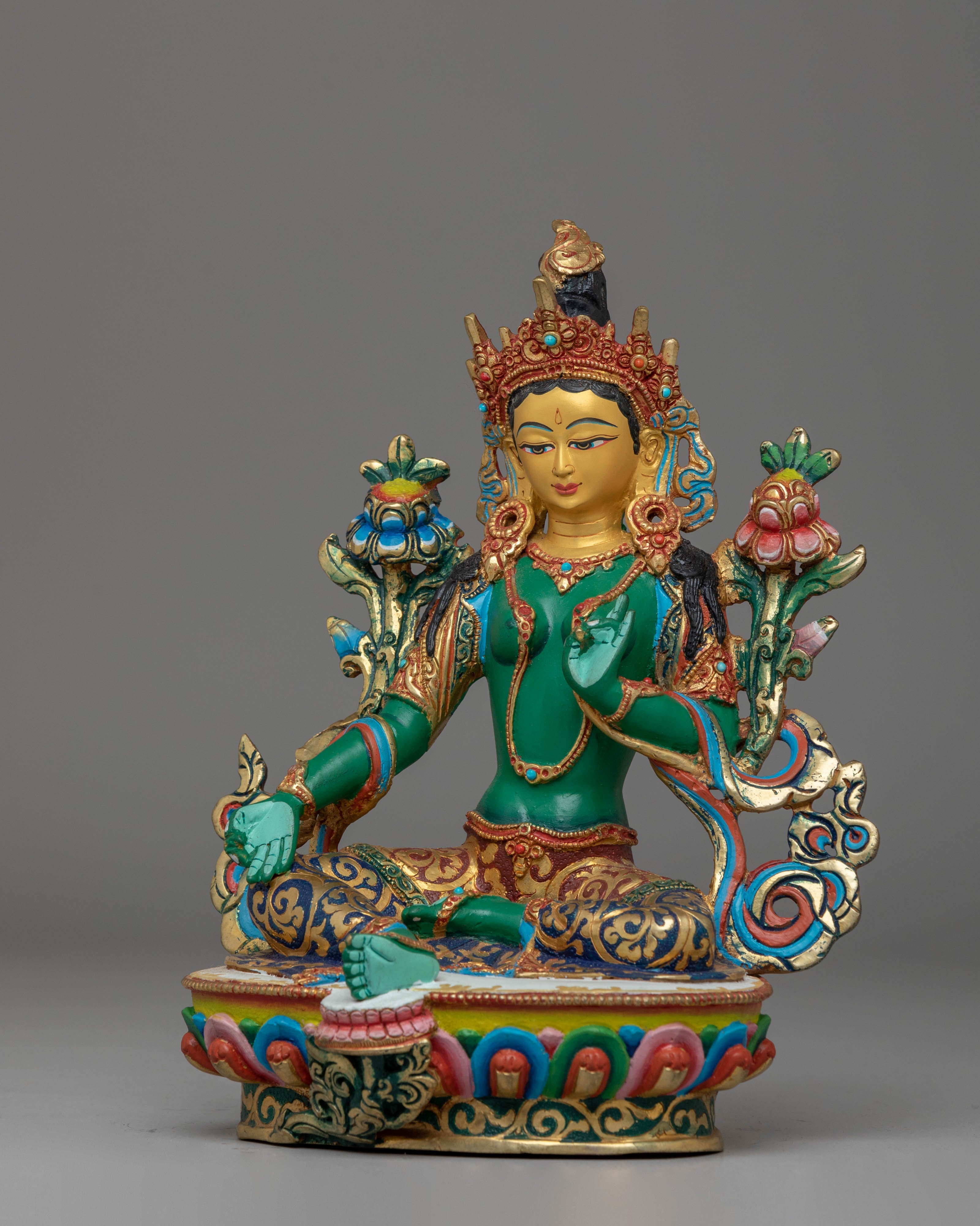 Shyama Tara Statue for Protection | Copper, Gold-Plated with Coral & Turquoise