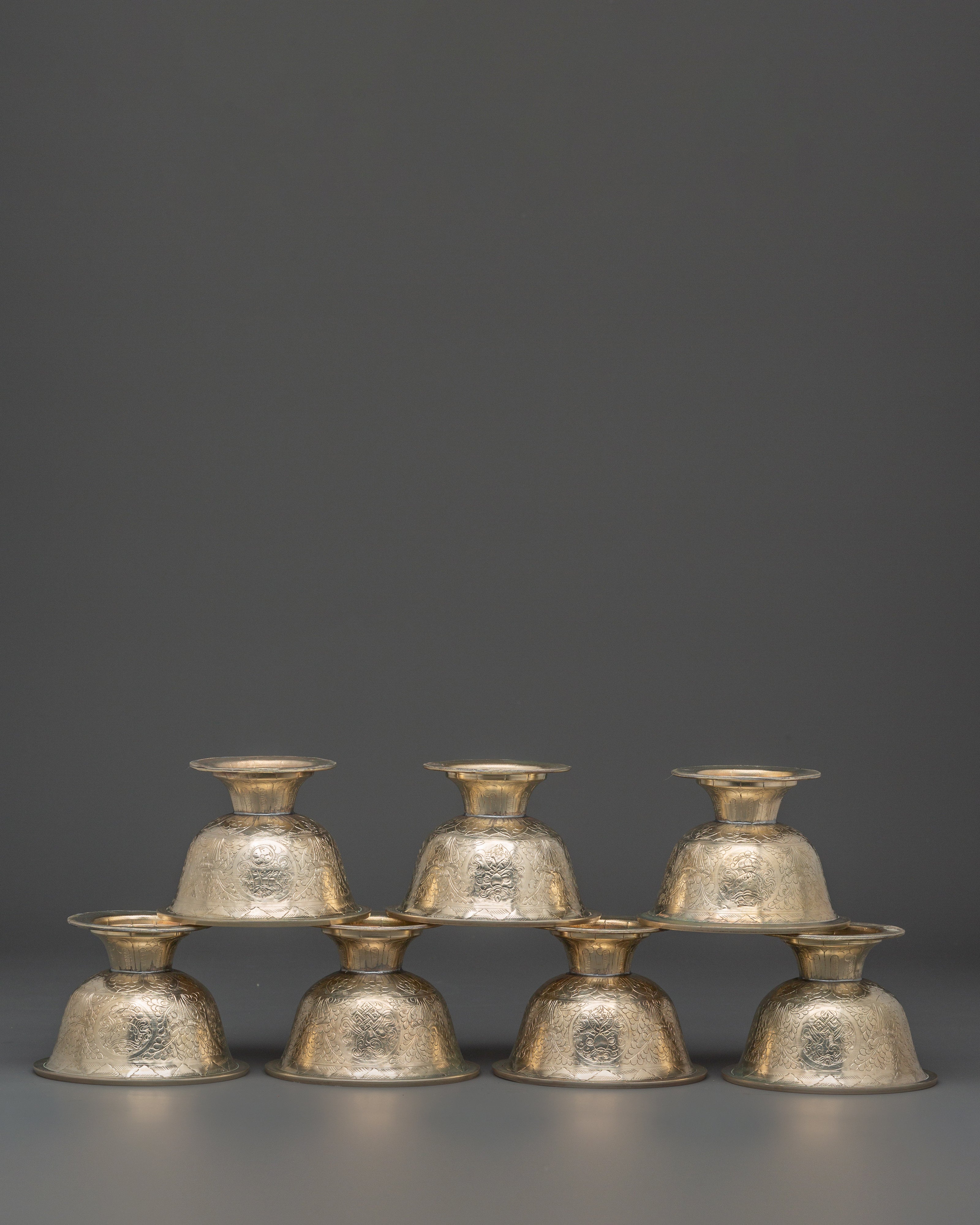 Buddhist Offering Altar Set | Handcrafted White Metal Ritual Bowls
