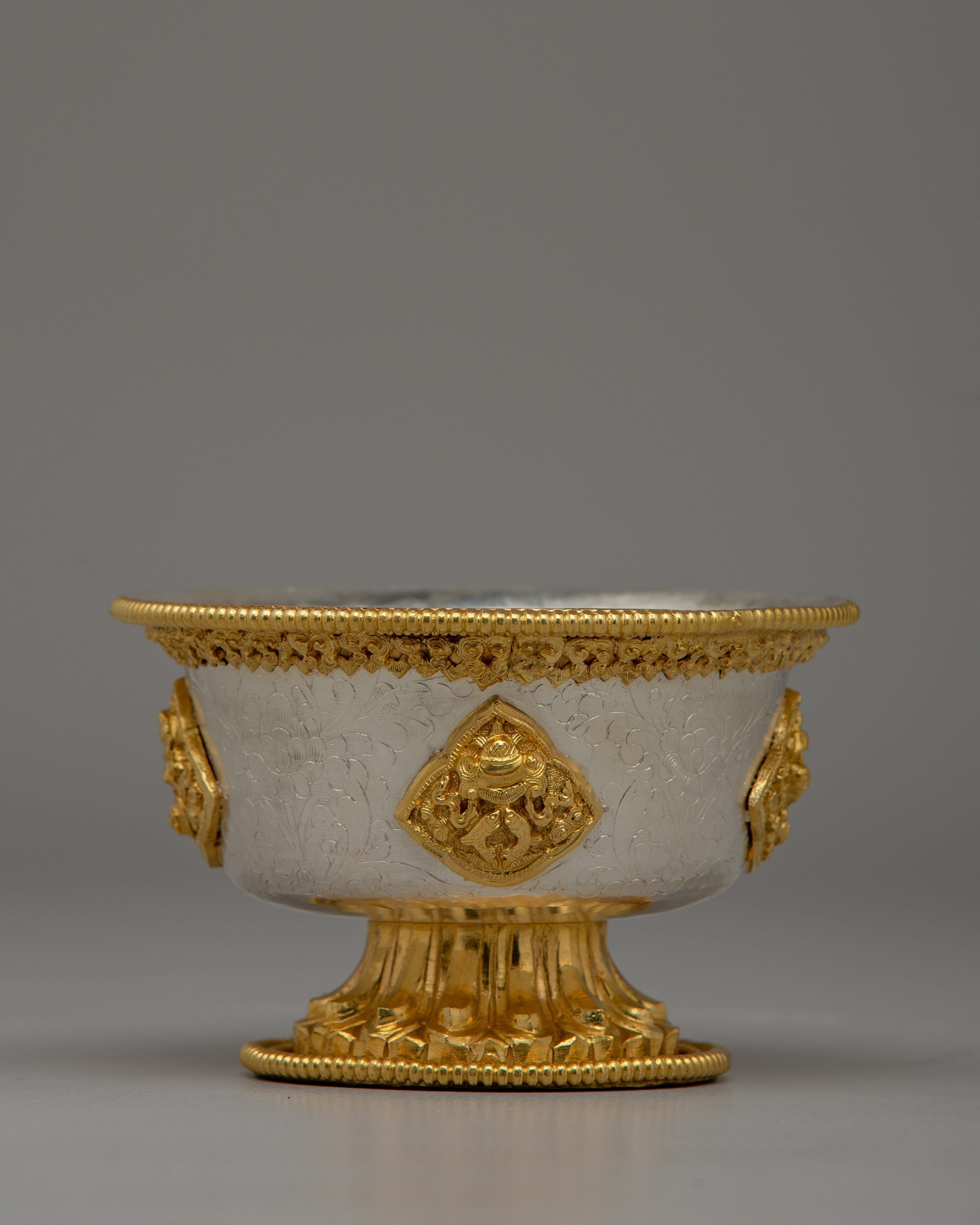 Handcrafted Silver Body and Gold-Plated Offering Bowls | Sacred Buddhist Decor Item