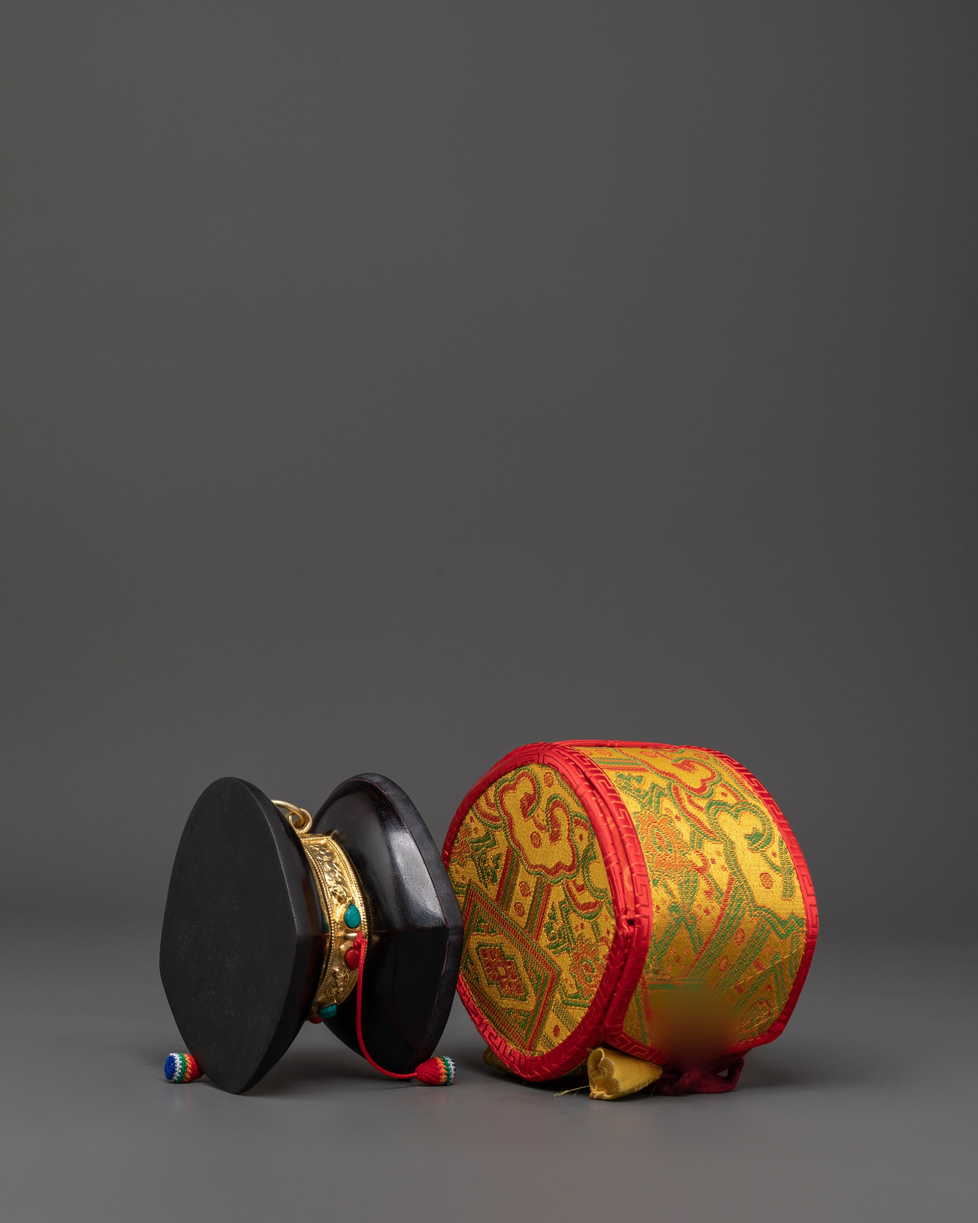 Handheld Acacia Wood Damaru | Tibetan Ritual Drum with Gold Plated