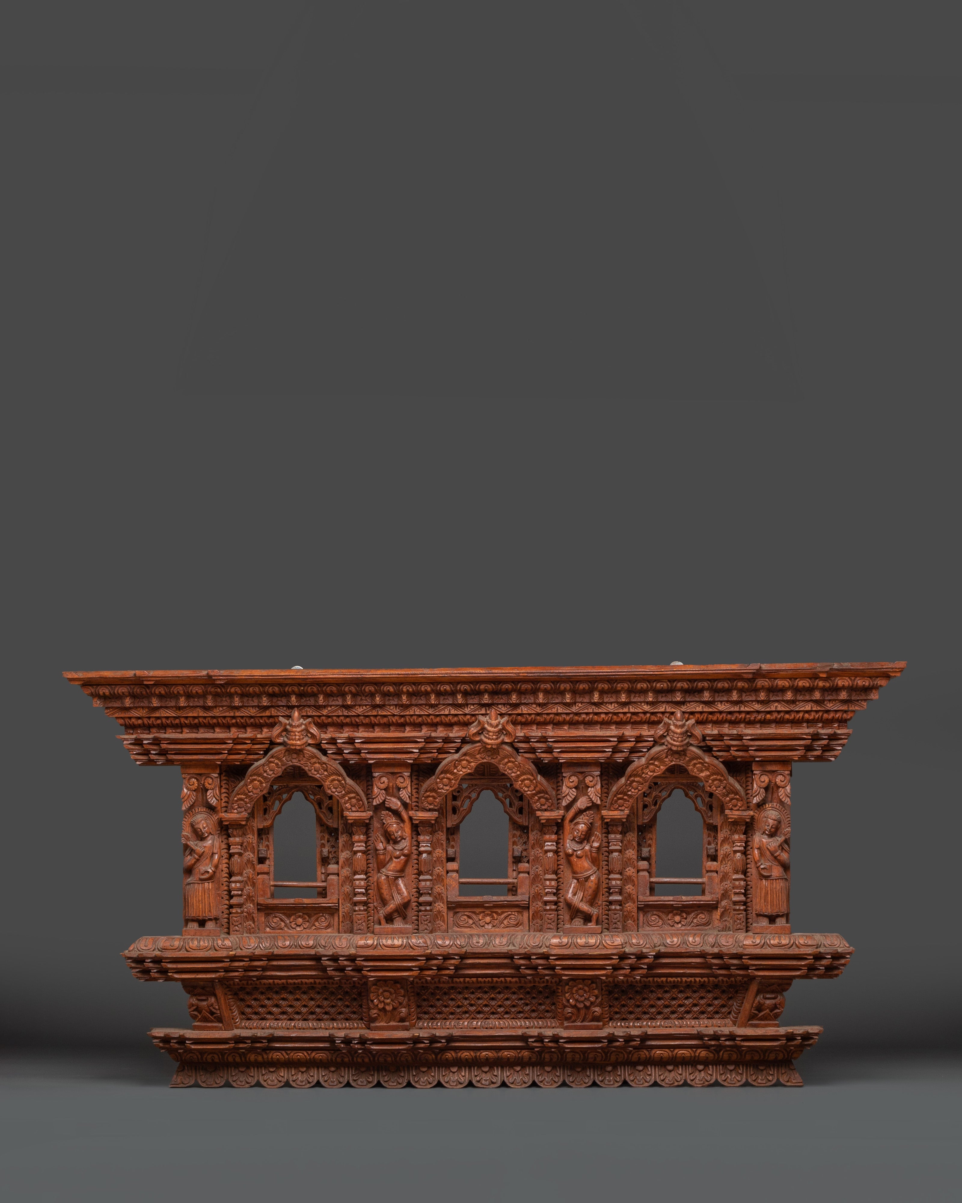 Sacred Architecture Decor | Large Hand-Carved Wooden Temple Window from Nepal
