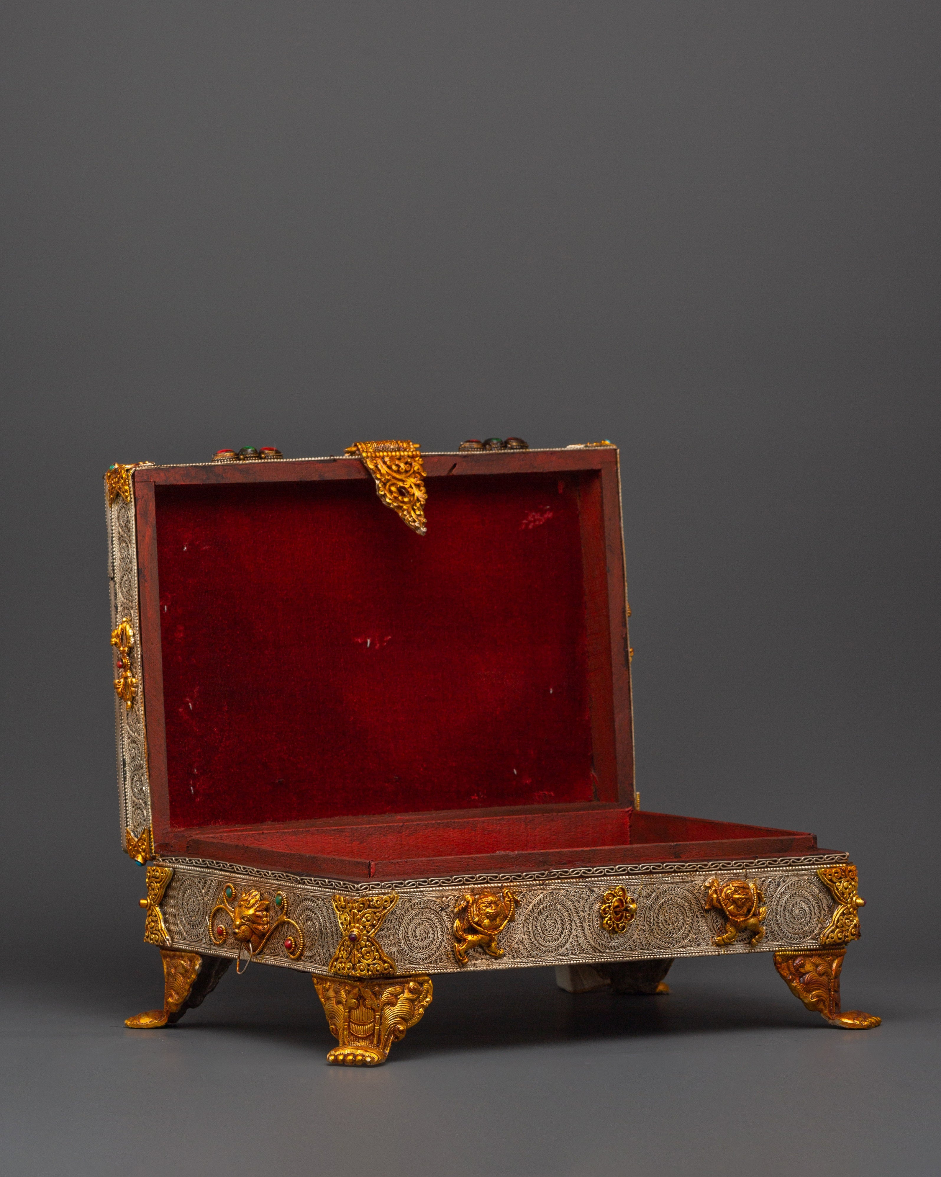 Buddhist Ritual Treasure Box | Silver & Gold Plated Sacred Altar Box