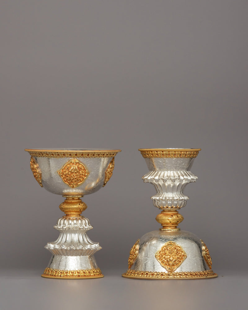 Handcrafted Silver and Gold Plated Butter Lamp Set | Buddhist Prayer Lamp