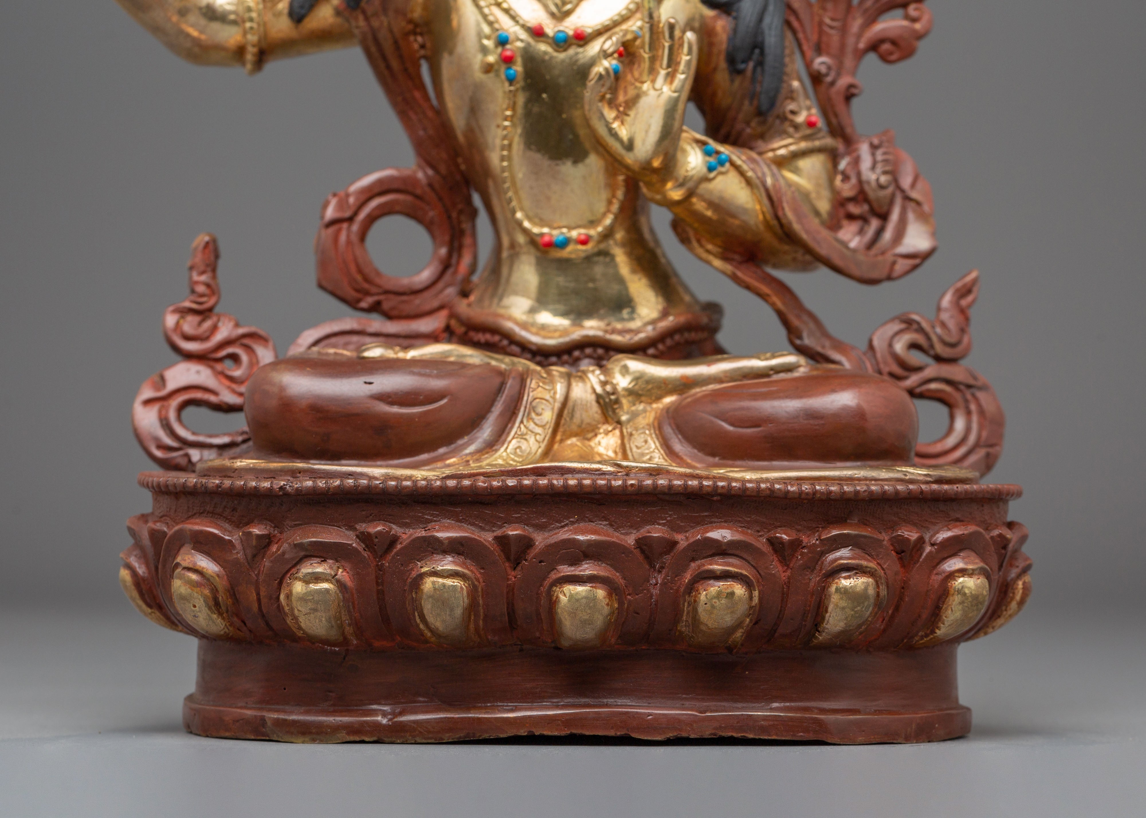 Statue of Supreme Deity of Wisdom Manjushri | Gold Plated Buddhist Bodhisattva Sculpture