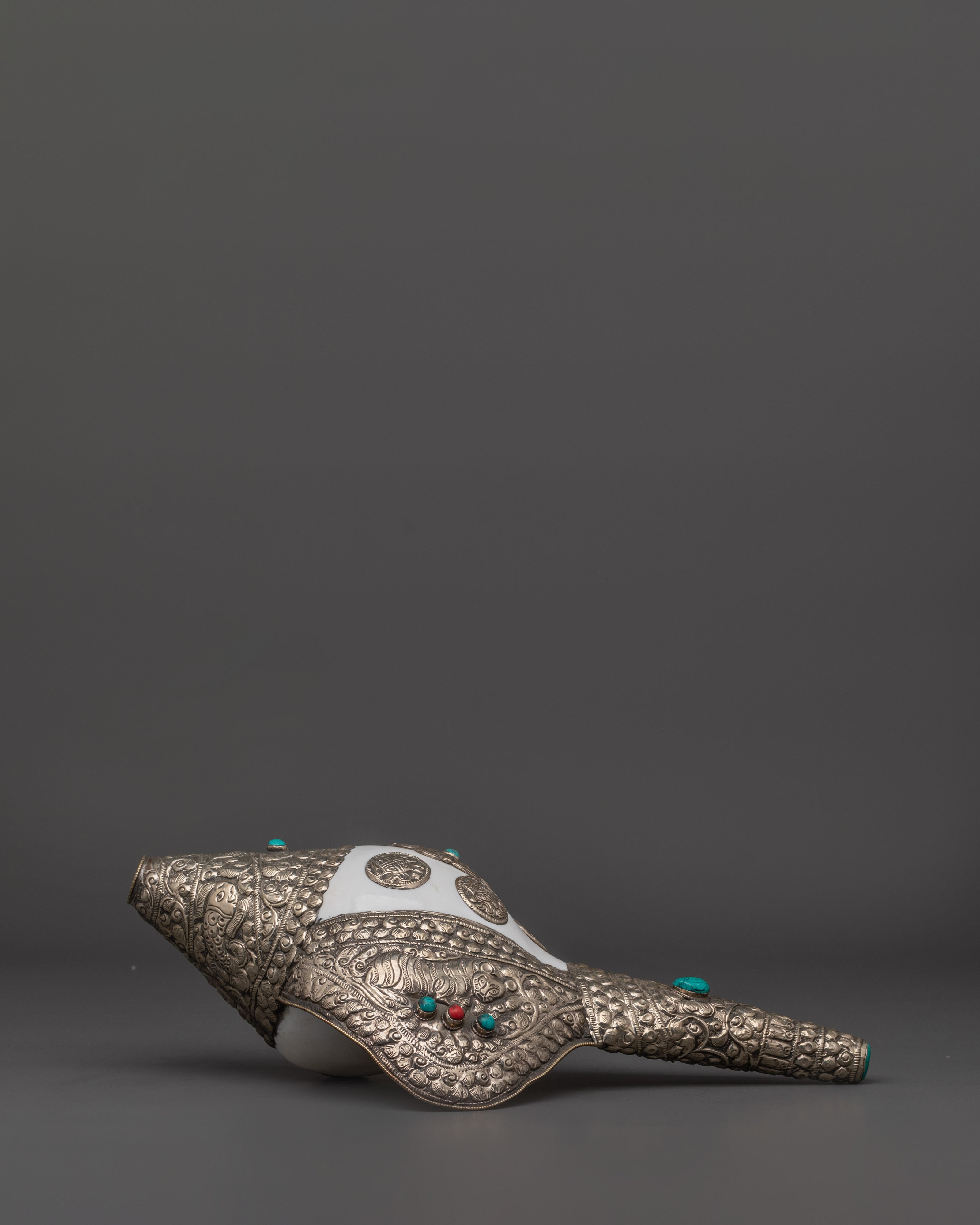 Handcrafted Puja Conch Shell | Tibetan Shankha with Brass and Turquoise Stone