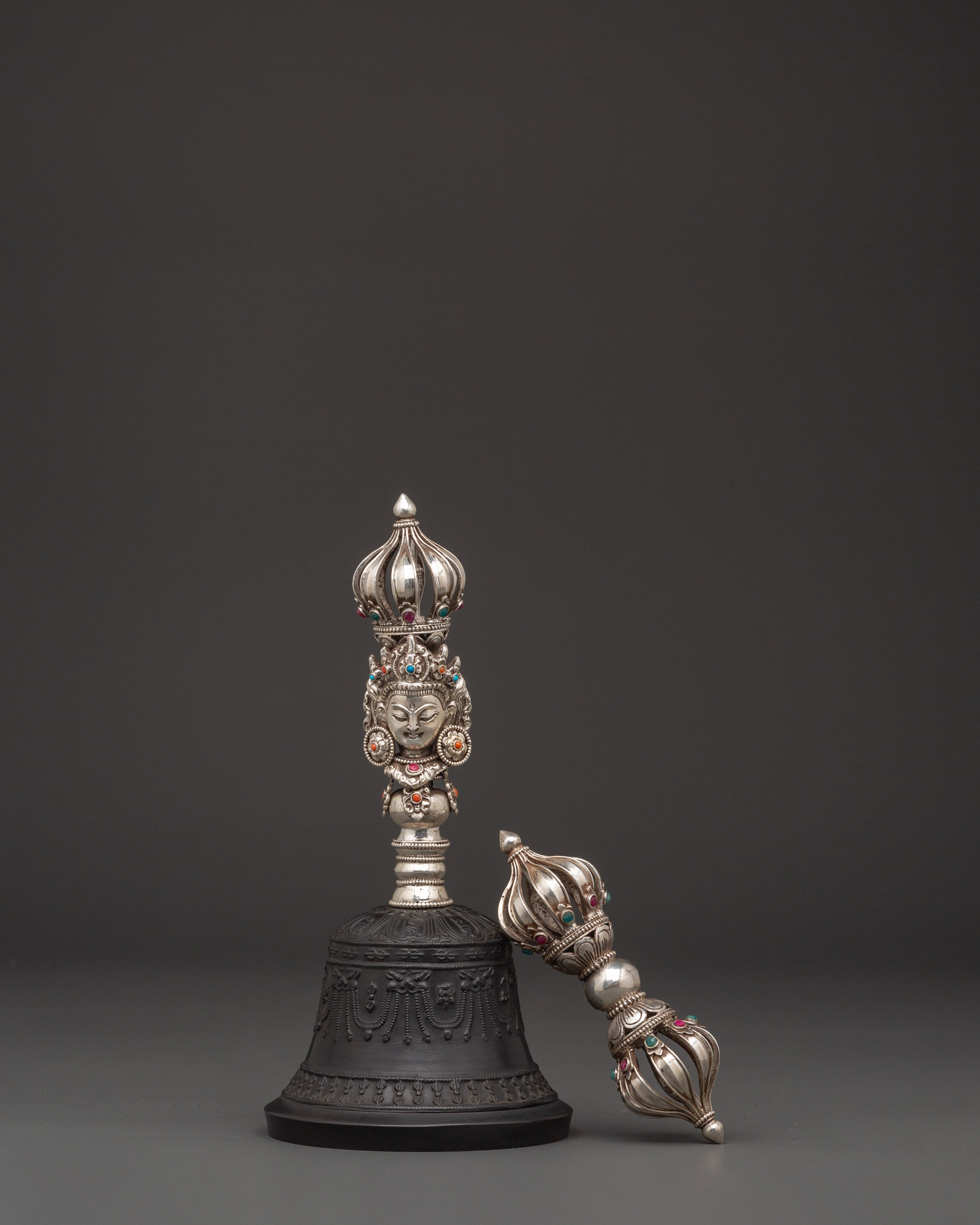 Wrathful Deity Engraved Bell and Vajra Set for Tibetan Rituals