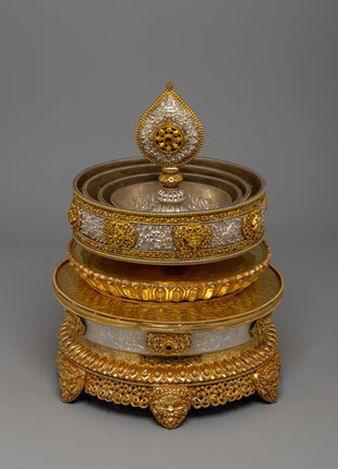Buddhist Mandala Rice Offering Set | Handcrafted Copper Artwork with Gold & Silver Plating