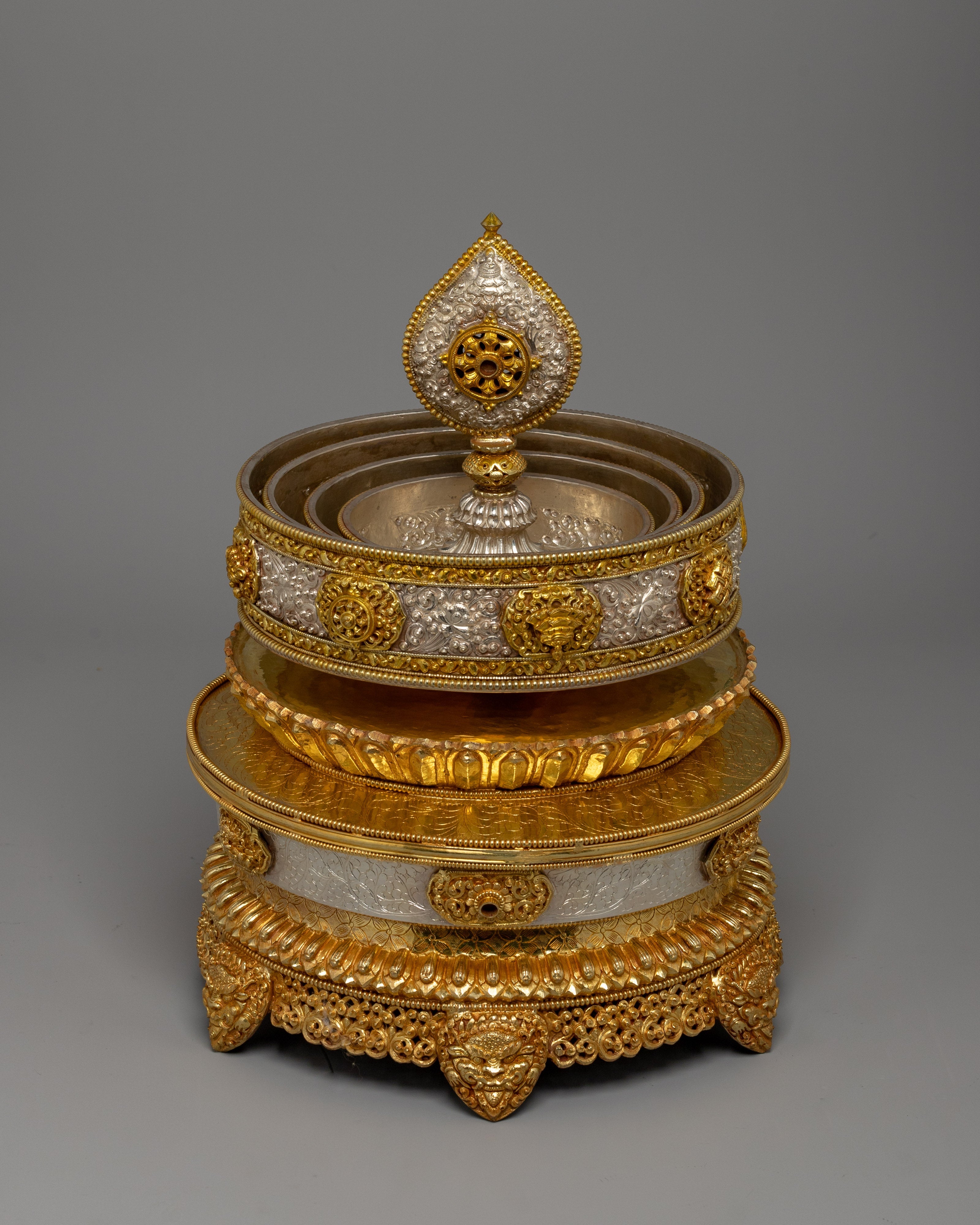 Buddhist Mandala Rice Offering Set | Handcrafted Copper Artwork with Gold & Silver Plating