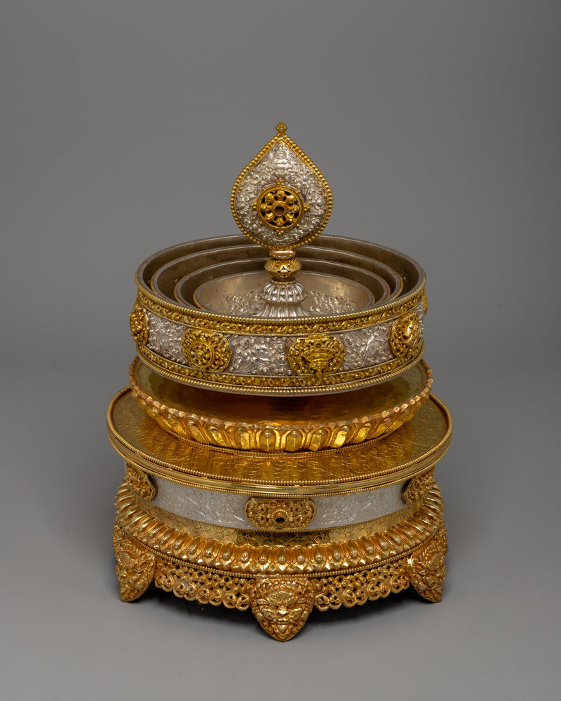 Buddhist Mandala Rice Offering Set | Handcrafted Copper Artwork with Gold & Silver Plating