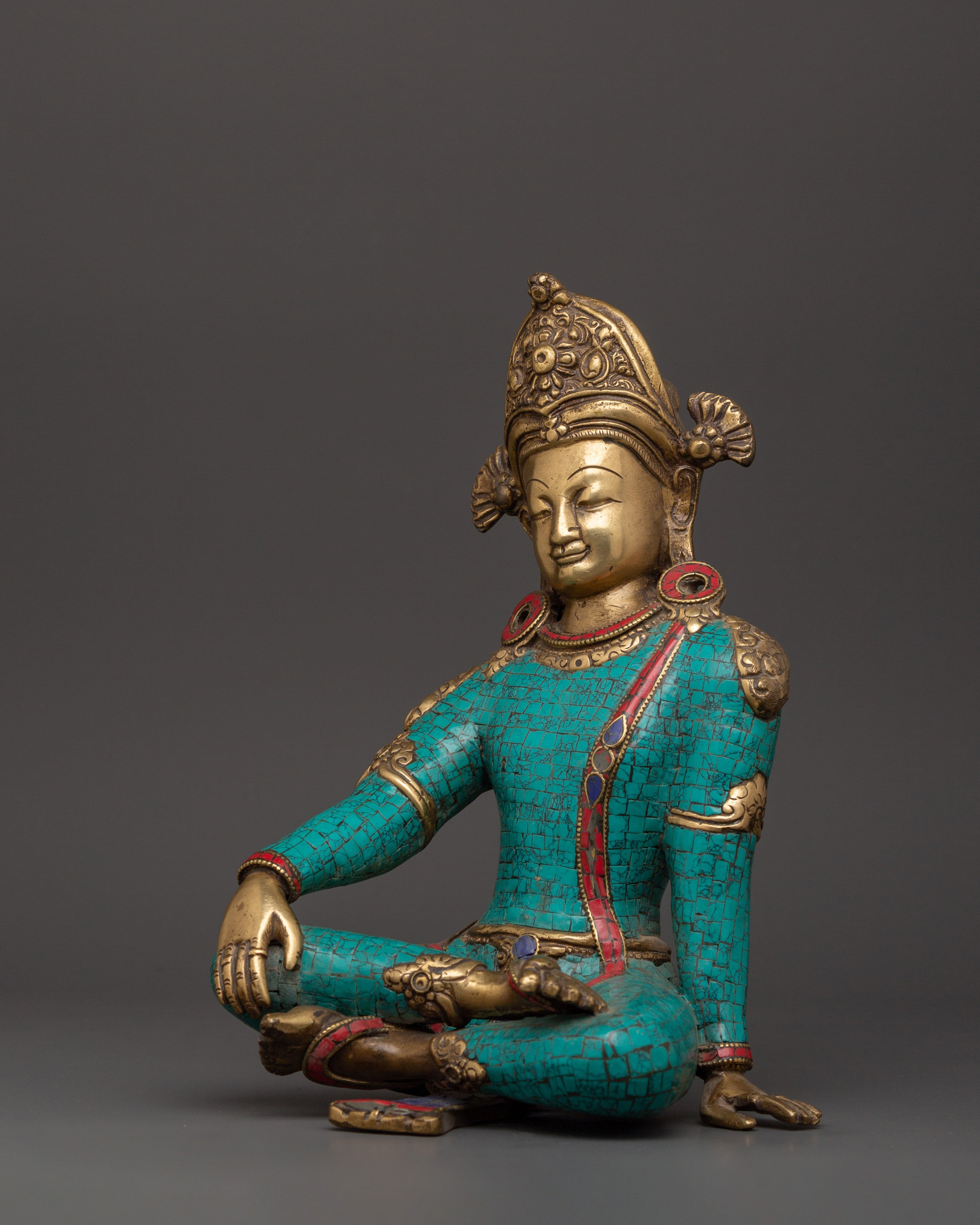 Lokeshwor Bodhisattva Statue | Brass Figurine with Turquoise & Coral Inlay