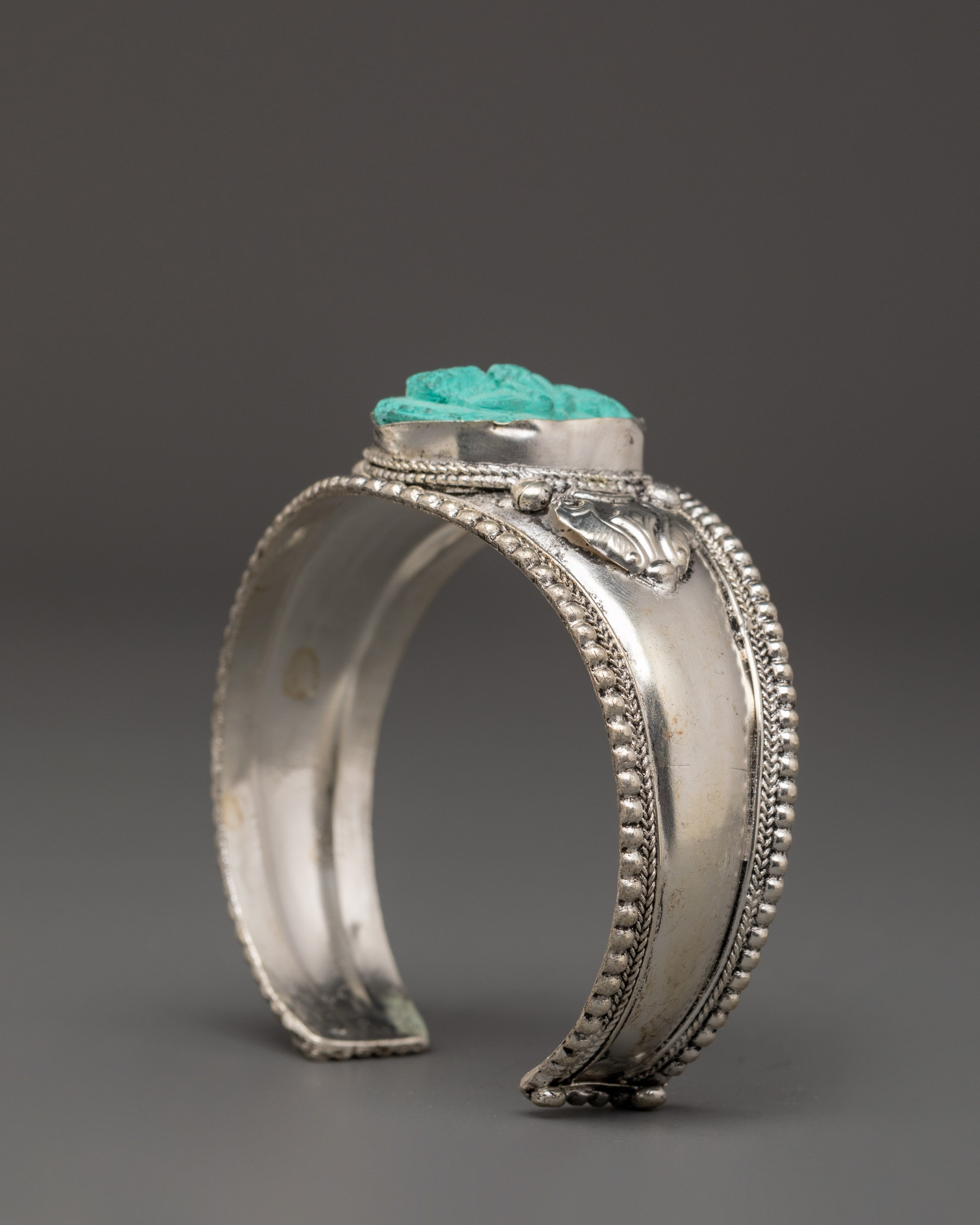 Handmade Tibetan Buddhist Bracelet with Turquoise | White Metal