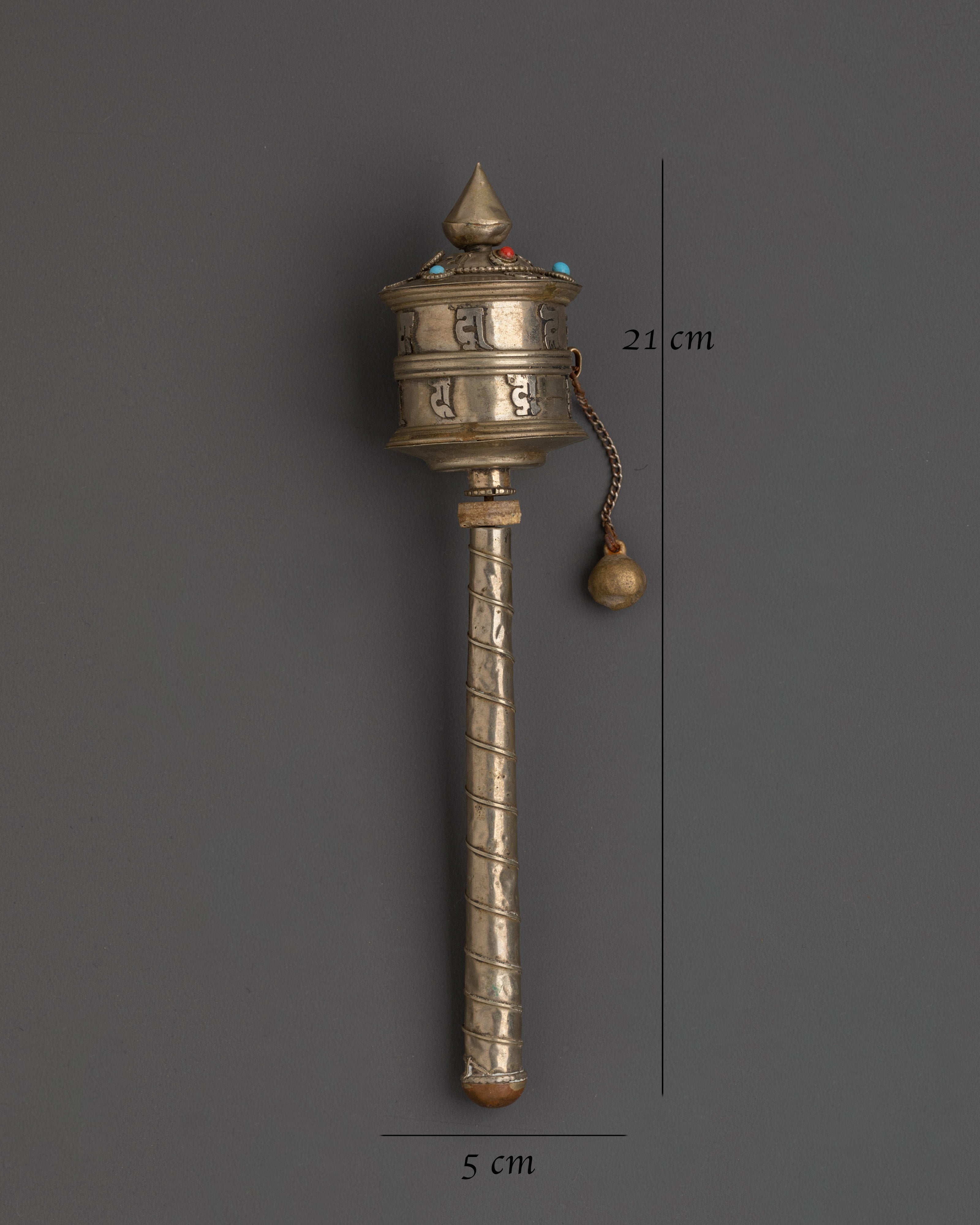 Buddhist Handheld Prayer Wheel | White Metal Prayer Wheel with Turquoise & Coral