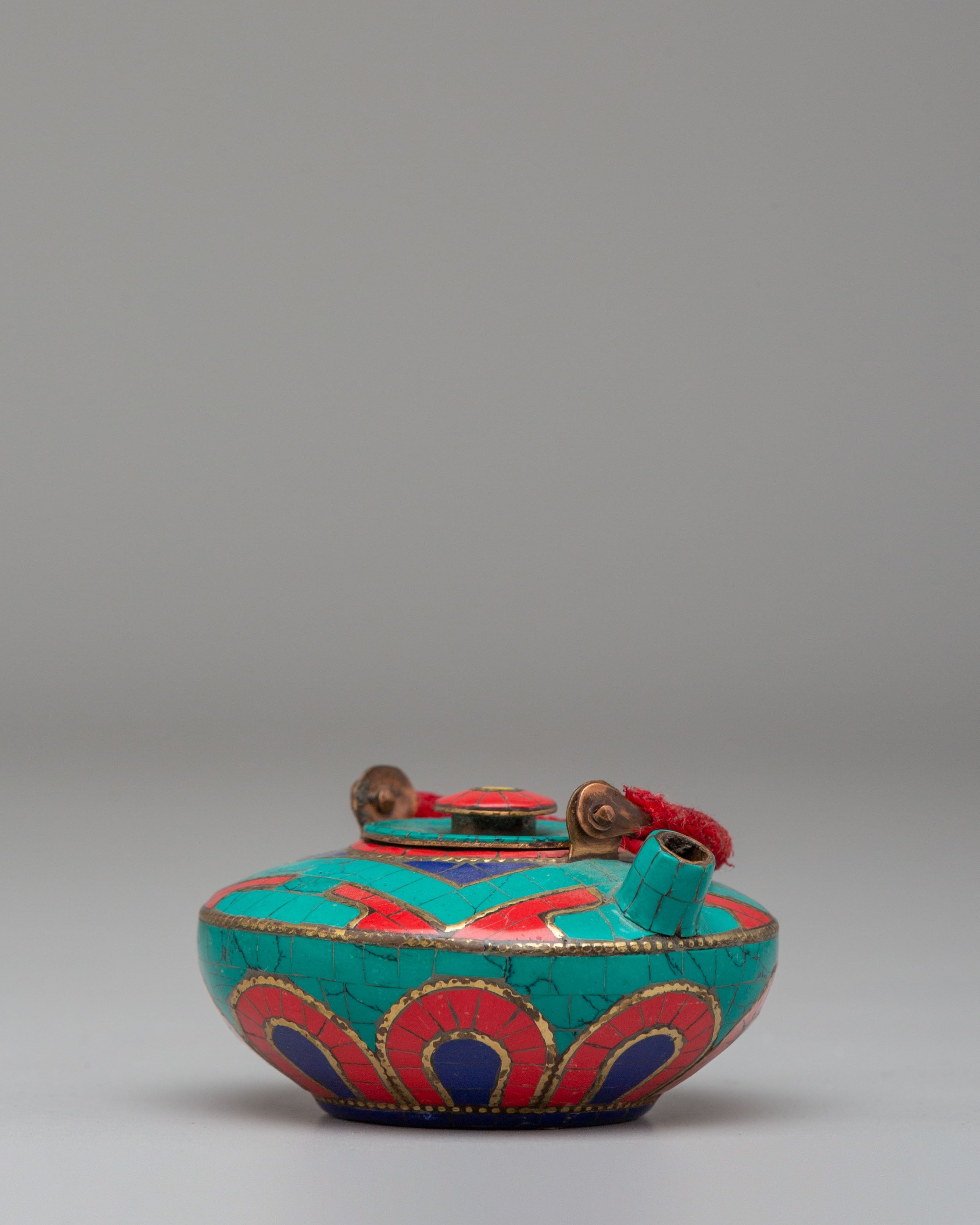 Handcrafted Copper Tea Pot | Teapot with Coral and Turquoise Stones