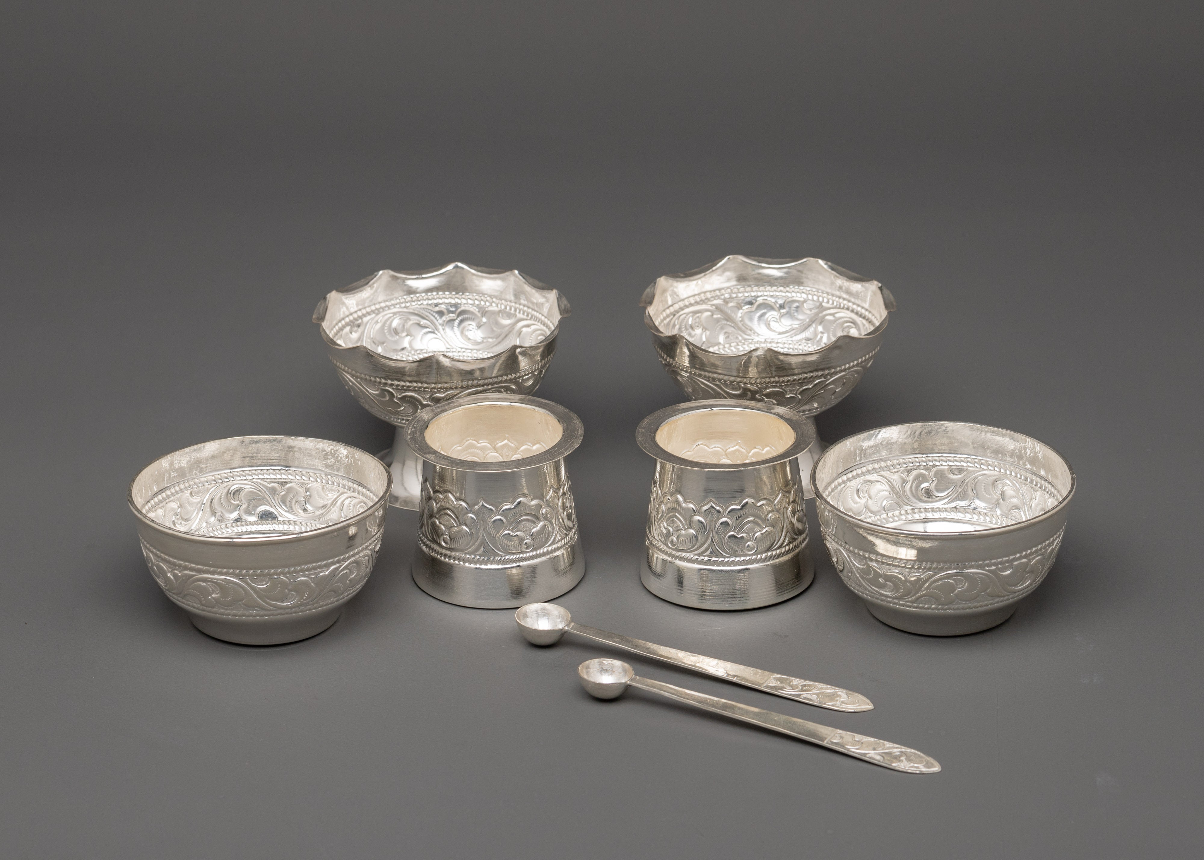 Pure Silver Pooja Set with Offering Bowls, Glasses & Spoons | Ritual Set for Puja, Altar & Meditation