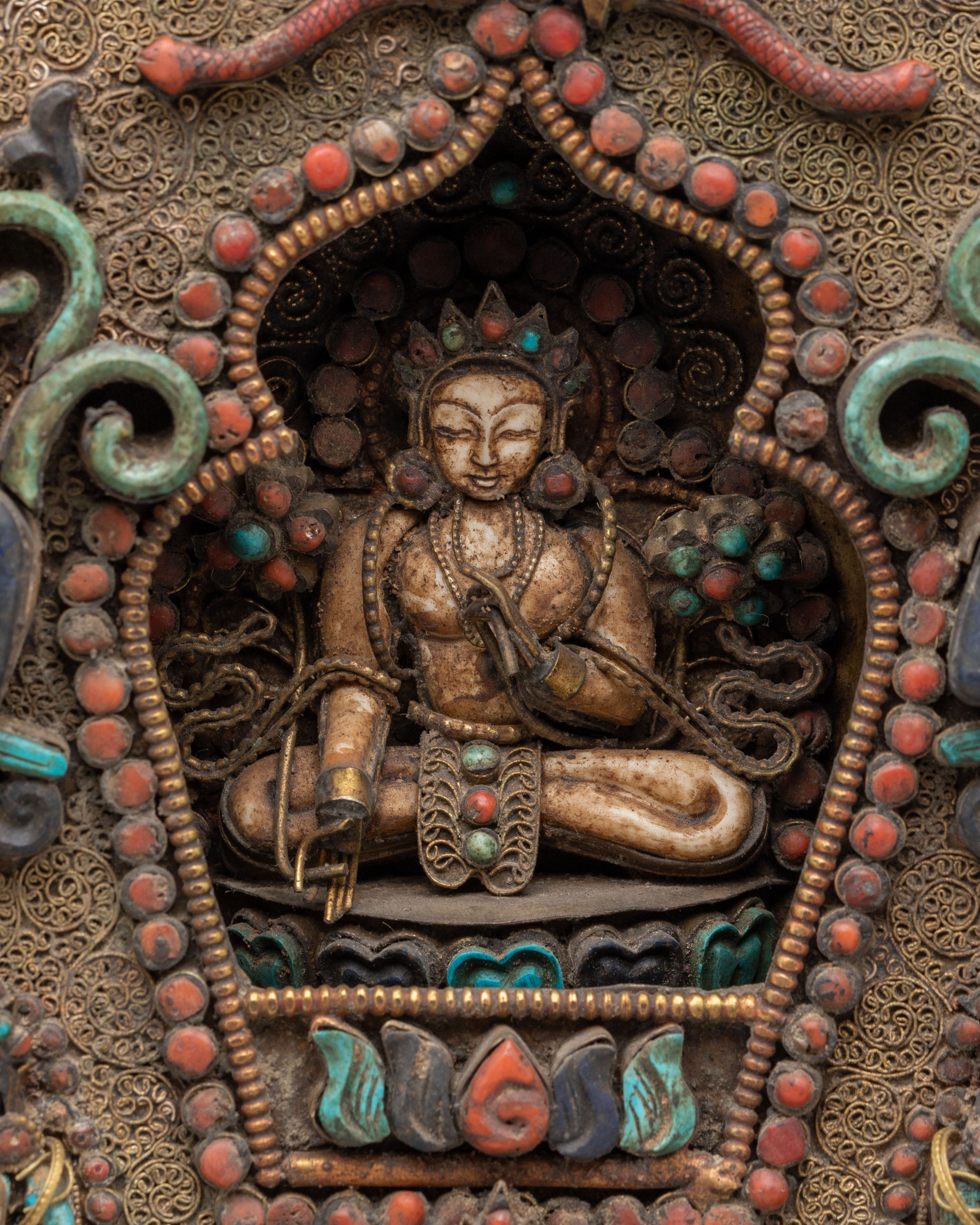 Handcrafted Ghau Box with Deity | Copper Ritual Box with Gemstones